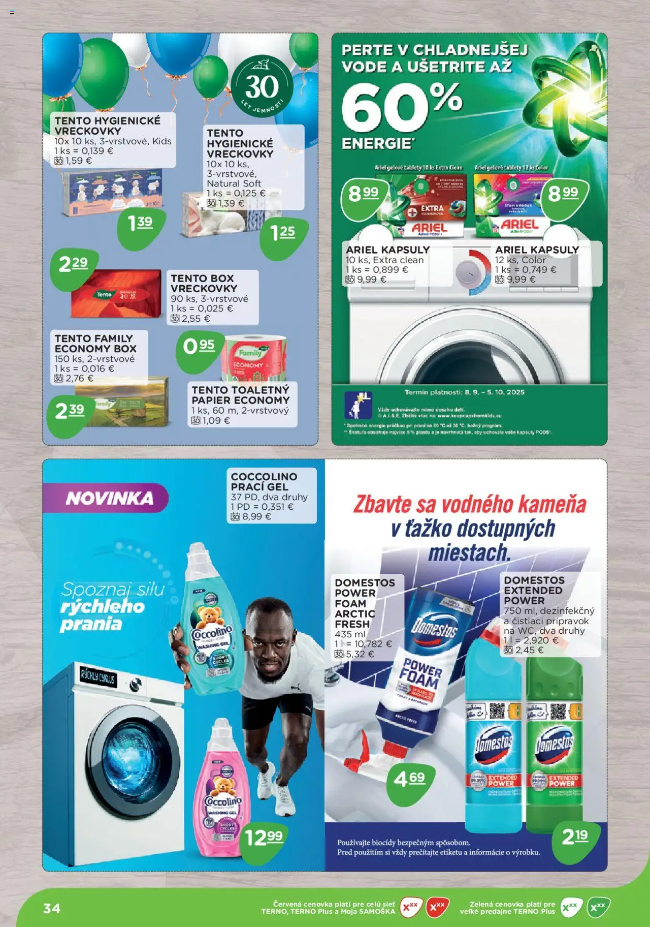 Nové Terno akcie – leták je platný od 08.09.2025 | Strana: 34 | Produkty: Stan, Ariel, Coccolino, Domestos