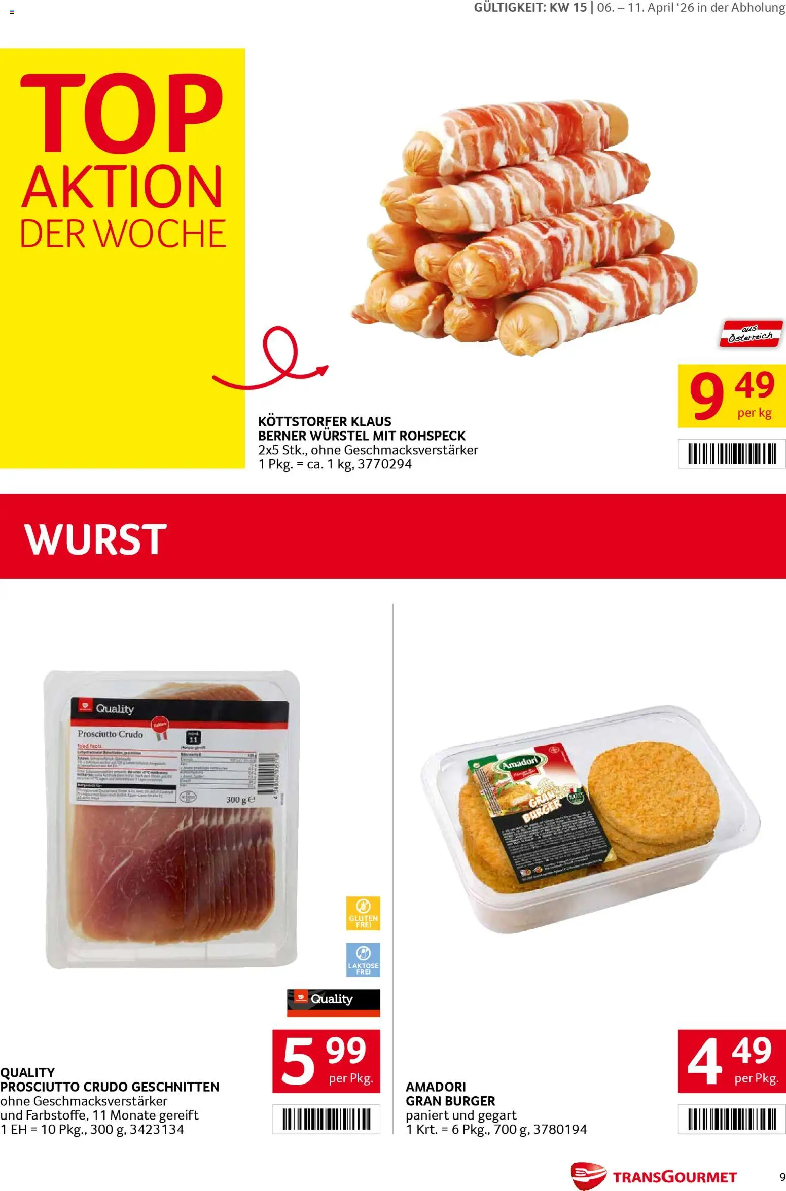 Transgourmet Zustellaktion gültig ab 06.04.2026 | Seite: 9 | Produkte: Wurst