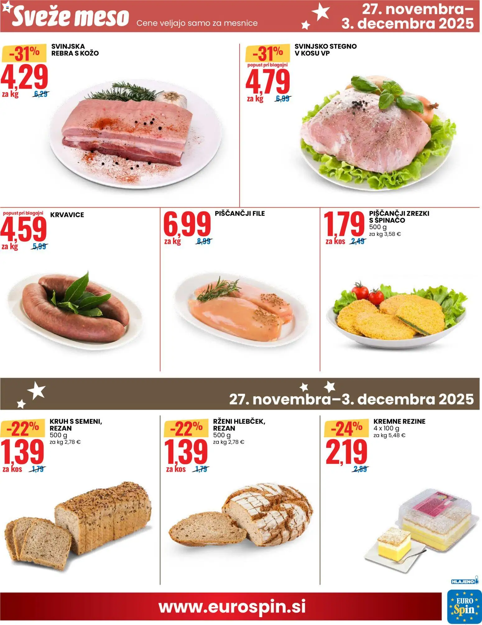 Novi Eurospin katalog ponudbe – veljaven od 27.11.2025 | Stran: 13 | Izdelki: Kos, Zrezki, Kruh