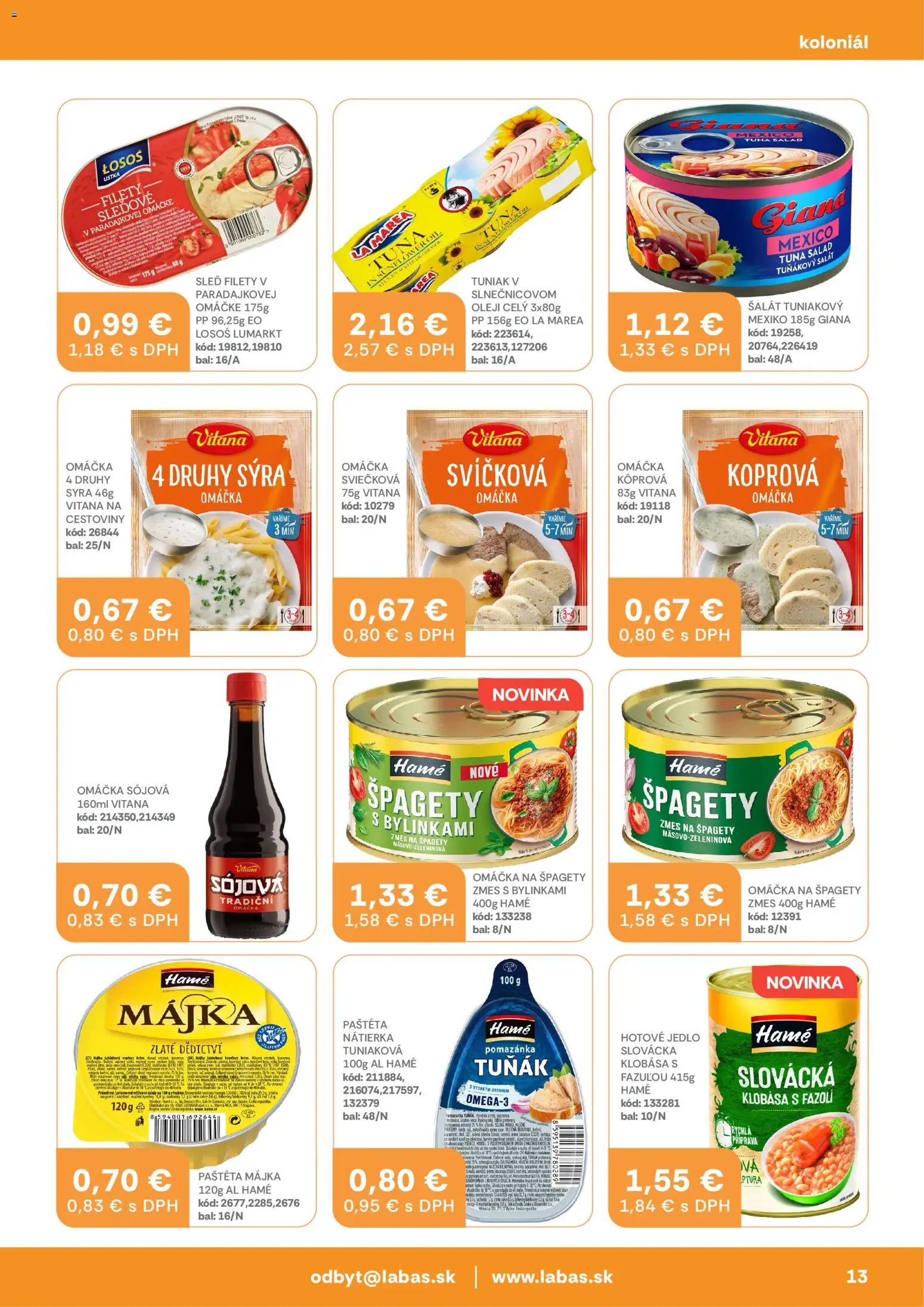 Nové Labaš akcie – leták je platný od 13.03.2026 | Strana: 13 | Produkty: Cestoviny, Klobása, Losos, Špagety