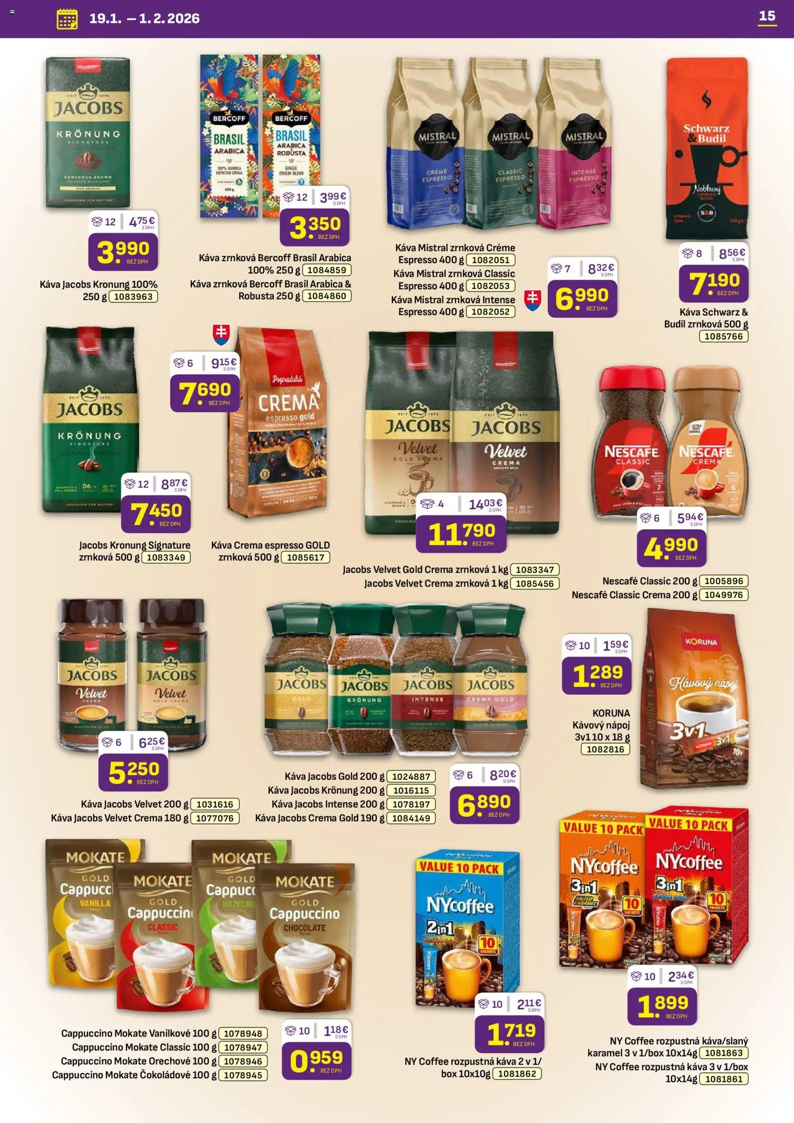 Nové Libex akcie – leták je platný od 19.01.2026 | Strana: 15 | Produkty: Jacobs Velvet, Káva, Jacobs Krönung, Nescafé Classic