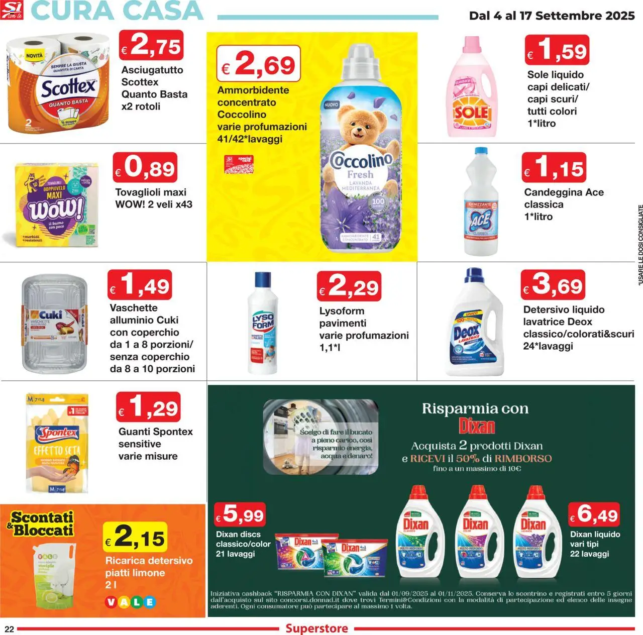 Volantino Sì con Te del 04.09.2025 | Pagina: 22 | Prodotti: Ammorbidente, Candeggina, Acqua, Asciugatutto