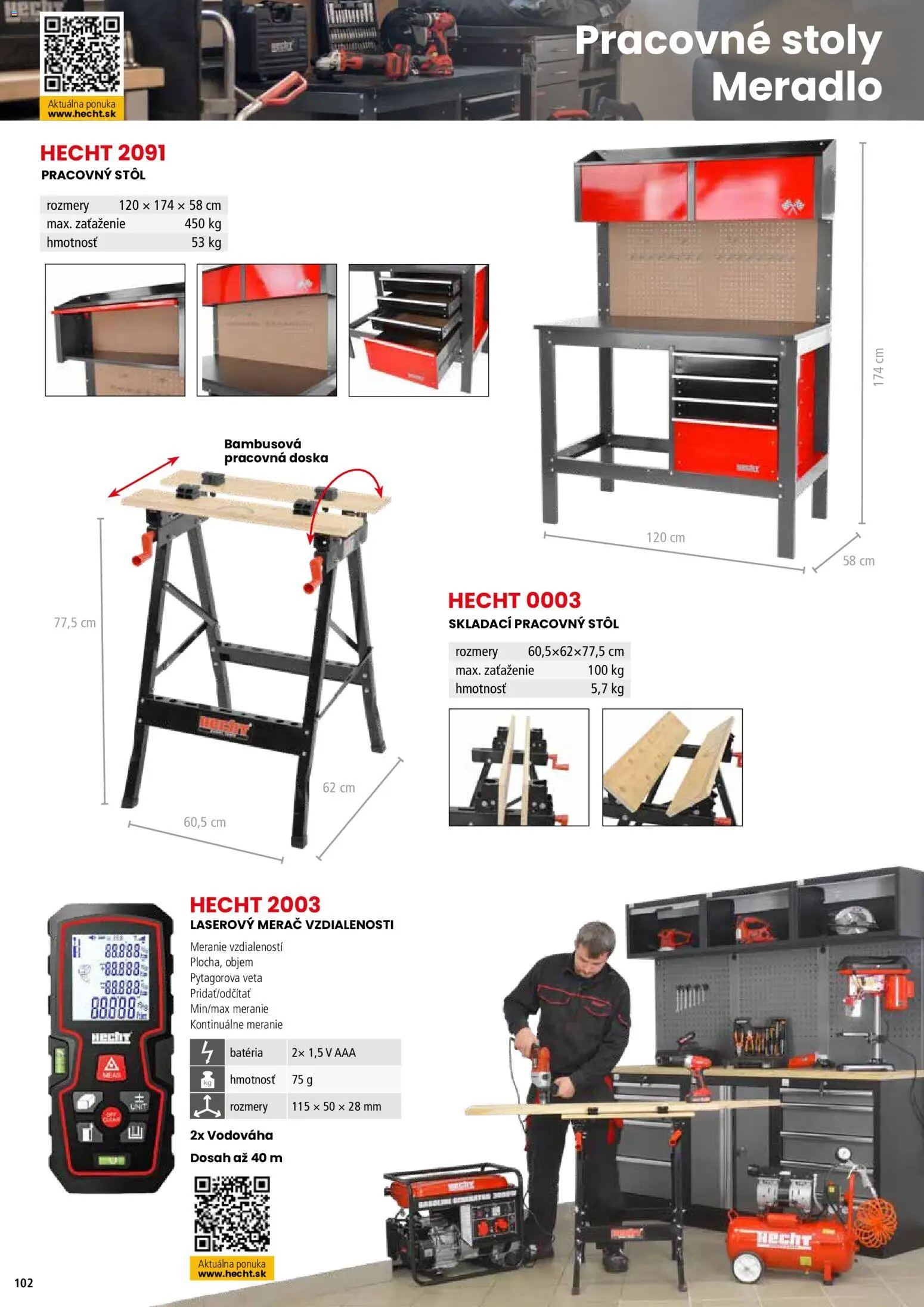 Nové Hecht akcie – leták je platný od 19.02.2026 | Strana: 102 | Produkty: Pracovný stôl, Stôl, Laserový merač, Pracovná doska