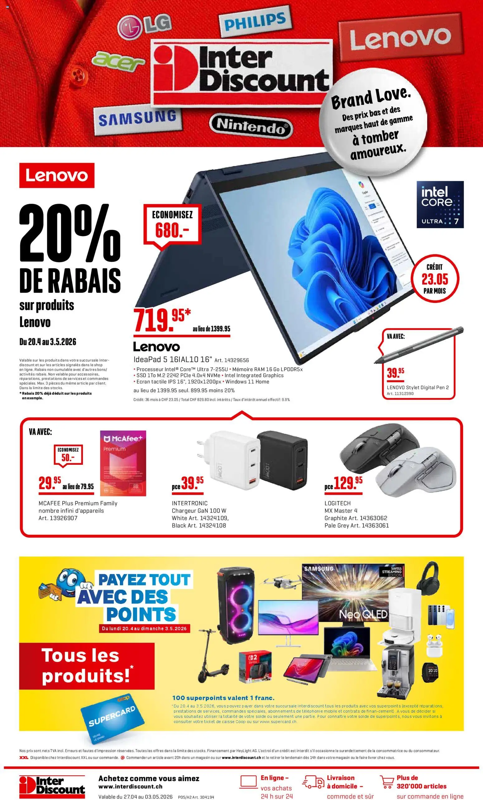 Interdiscount aktionen 20% de rabais FR – gültig ab 27.04.2026 | Seite: 1 | Produkte: Samsung, Lenovo, Philips