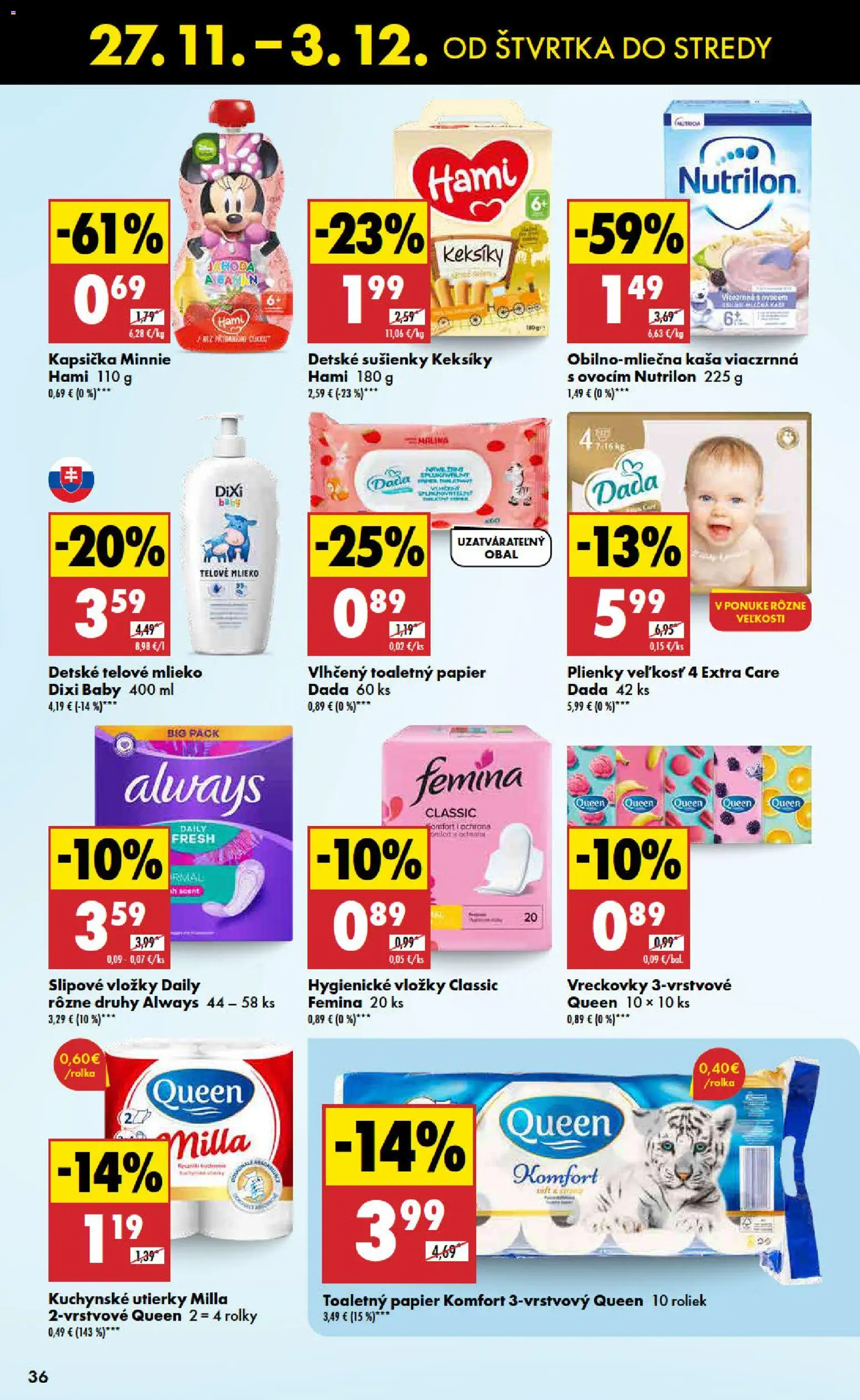 Nové Biedronka akcie – leták je platný od 27.11.2025 | Strana: 36 | Produkty: Mlieko, Nutrilon, Toaletný papier, Telové mlieko