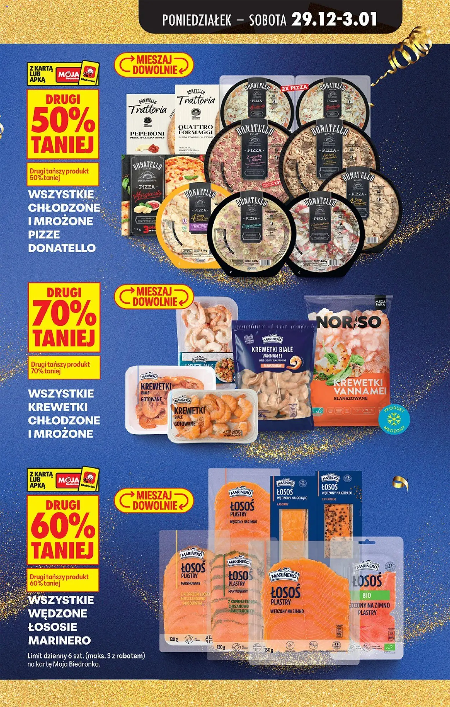 Biedronka gazetka od 29.12.2025 | Strona: 11 | Produkty: Łosoś wędzony, Krewetki, Krewetki vannamei, Pizza donatello