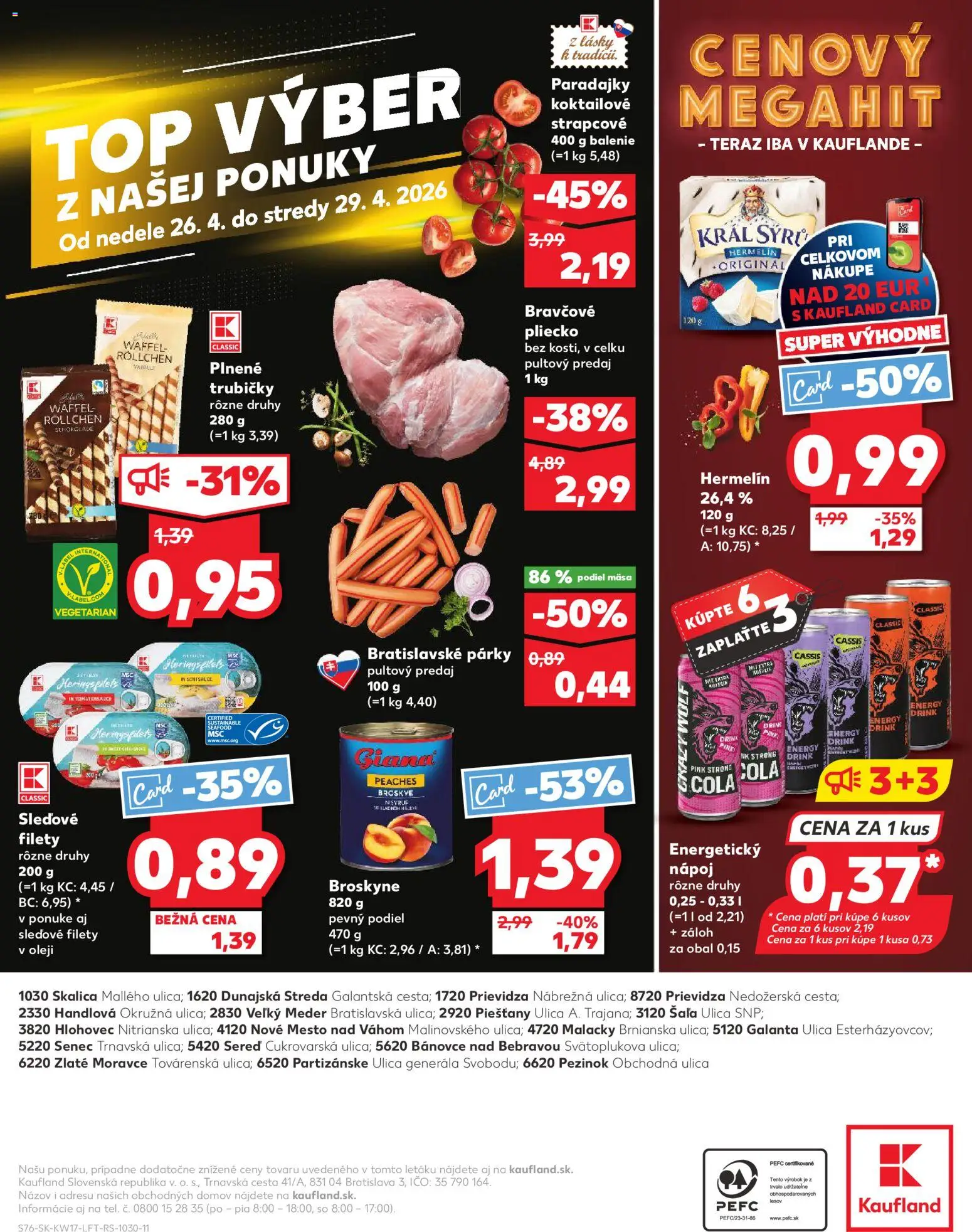 Nové Kaufland akcie – leták je platný od 23.04.2026 | Strana: 76 | Produkty: Paradajky, Párky, Broskyne, Energetický nápoj
