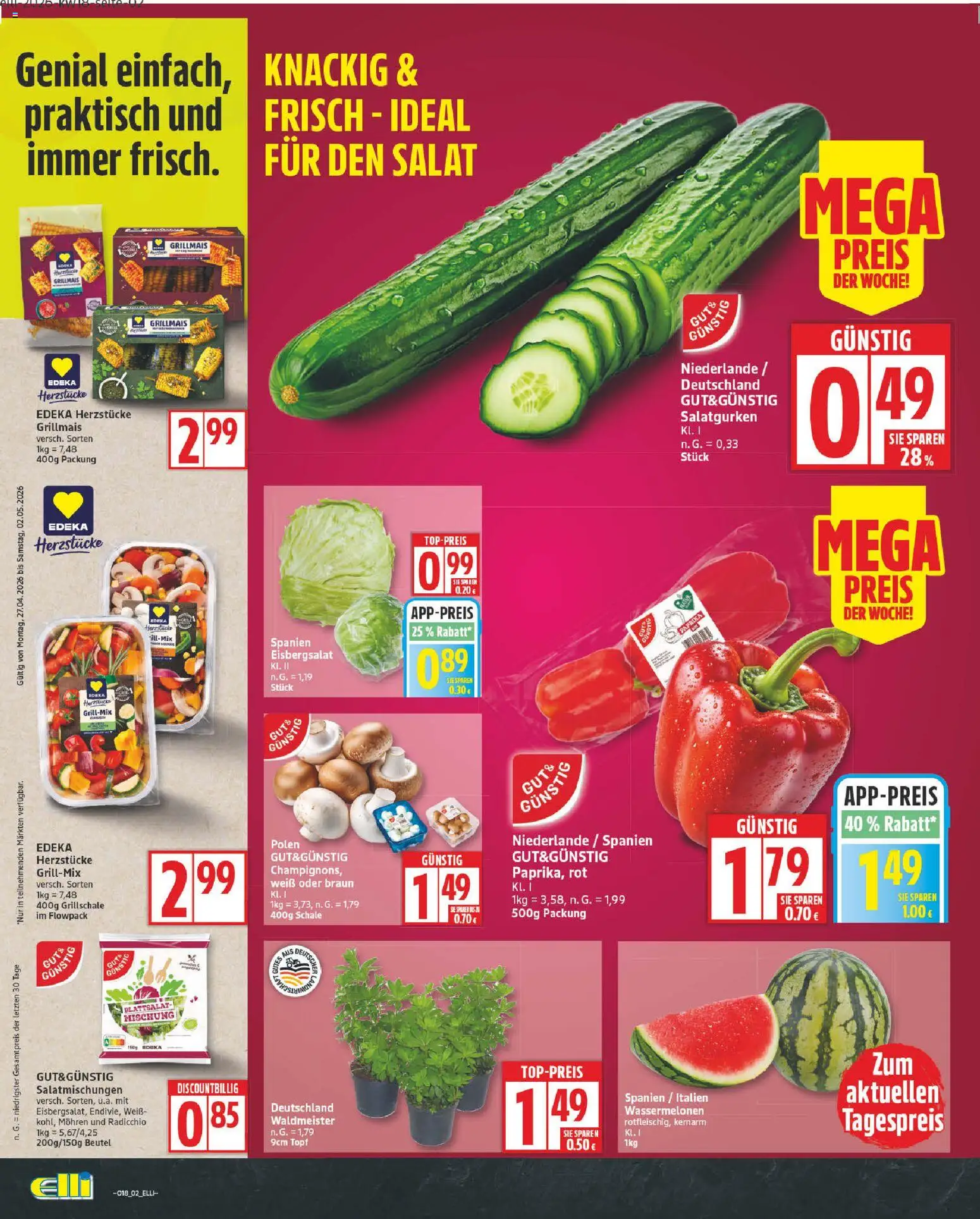 Elli Markt Prospekt – gültig ab 27.04.2026 | Seite: 2 | Produkte: Eisbergsalat, Mohren, Paprika, Salat
