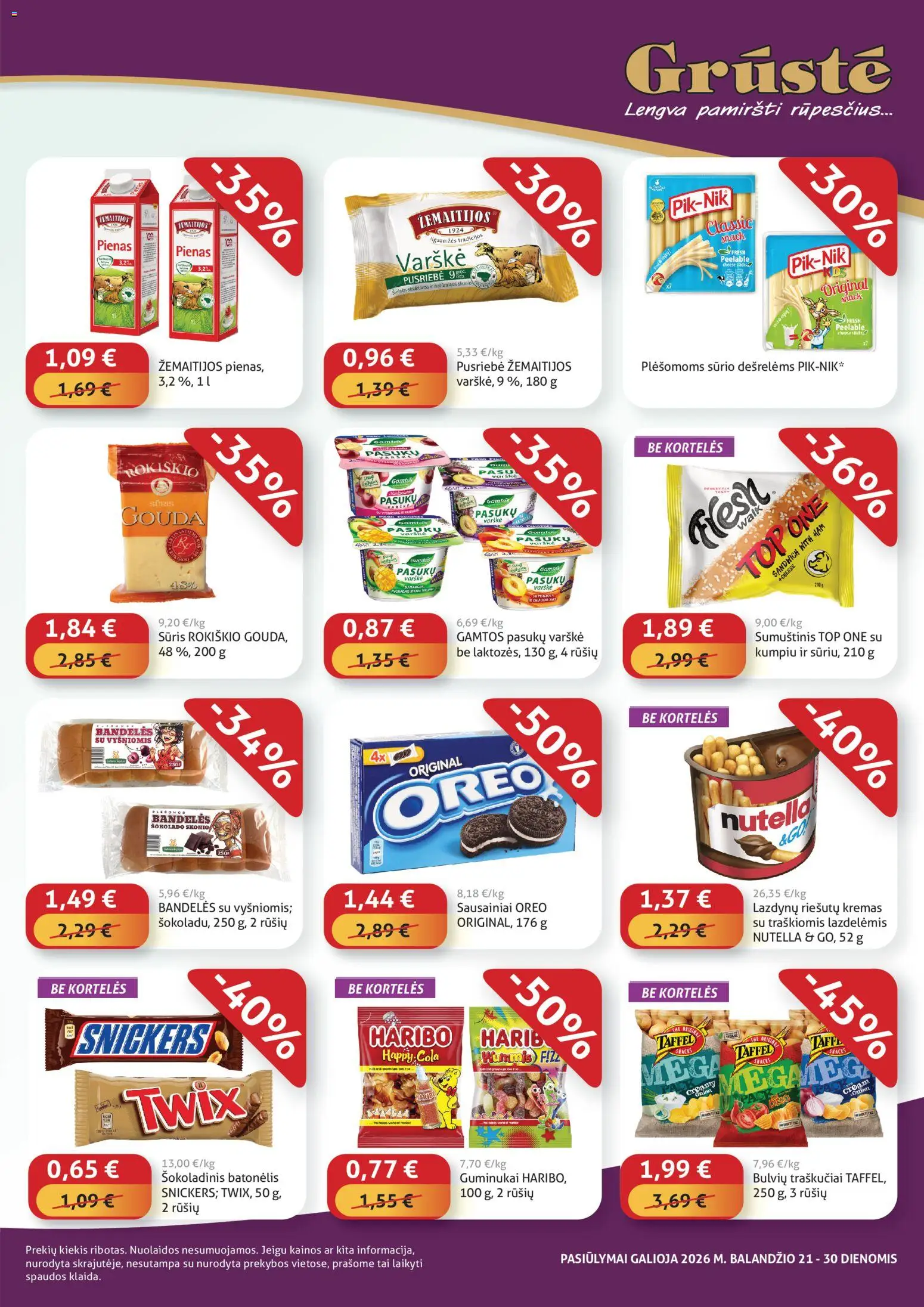 GRUSTE akcijos nuo 21.04.2026 | Puslapis: 3 | Prekių: Bandelės, Sumuštinis, Šokoladinis batonėlis, Traškučiai