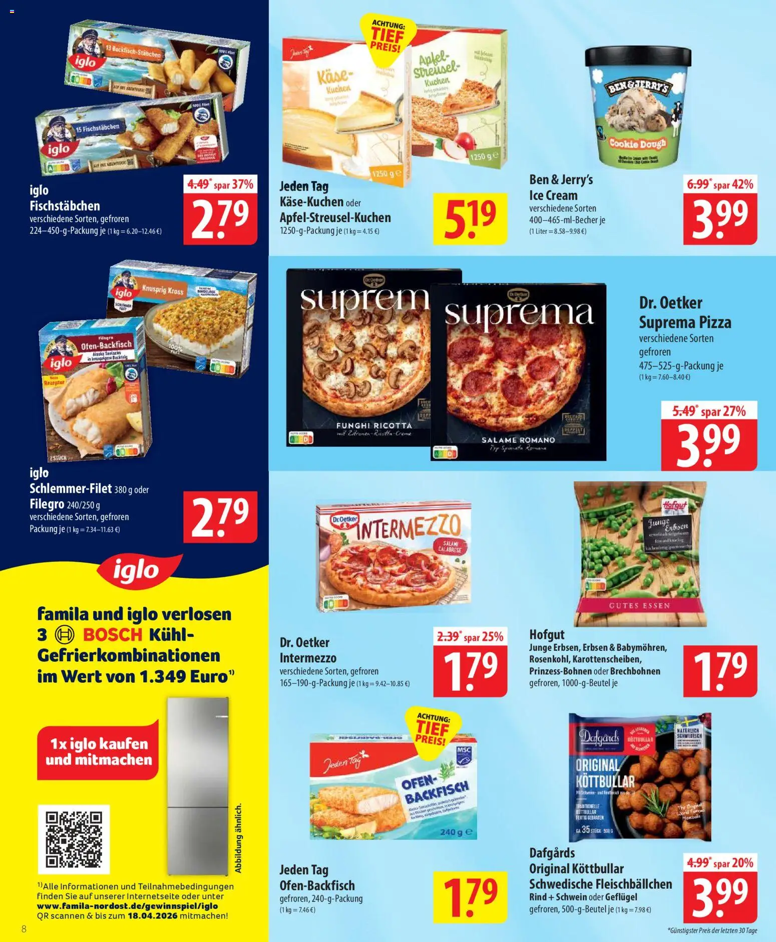 Famila Prospekt 	 – gültig ab 07.04.2026 | Seite: 8 | Produkte: Bosch, Fischstabchen, Erbsen, Iglo schlemmerfilet