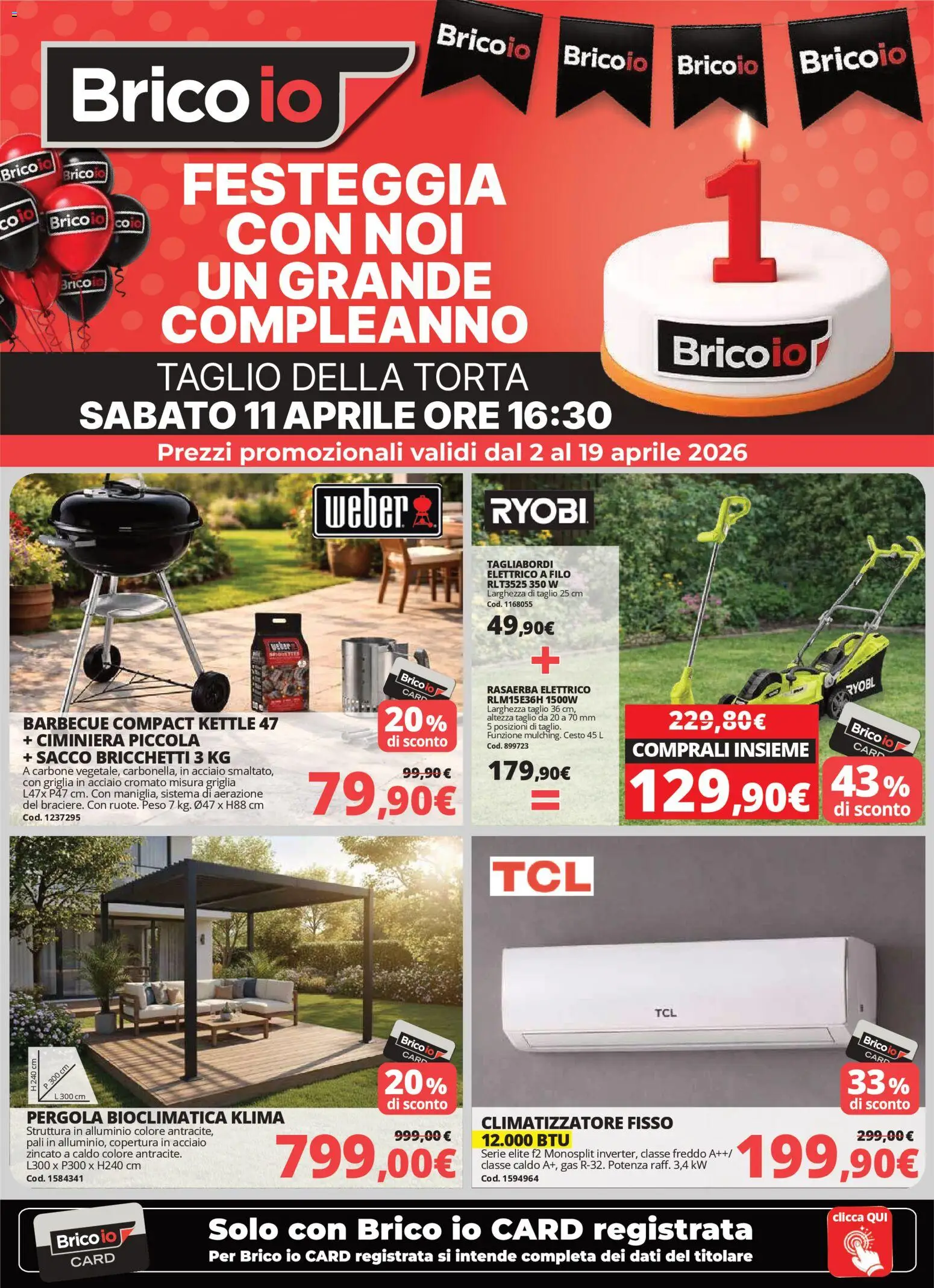 Volantino Brico io del 02.04.2026 | Pagina: 1 | Prodotti: Climatizzatore, Pergola, Rasaerba, Torta