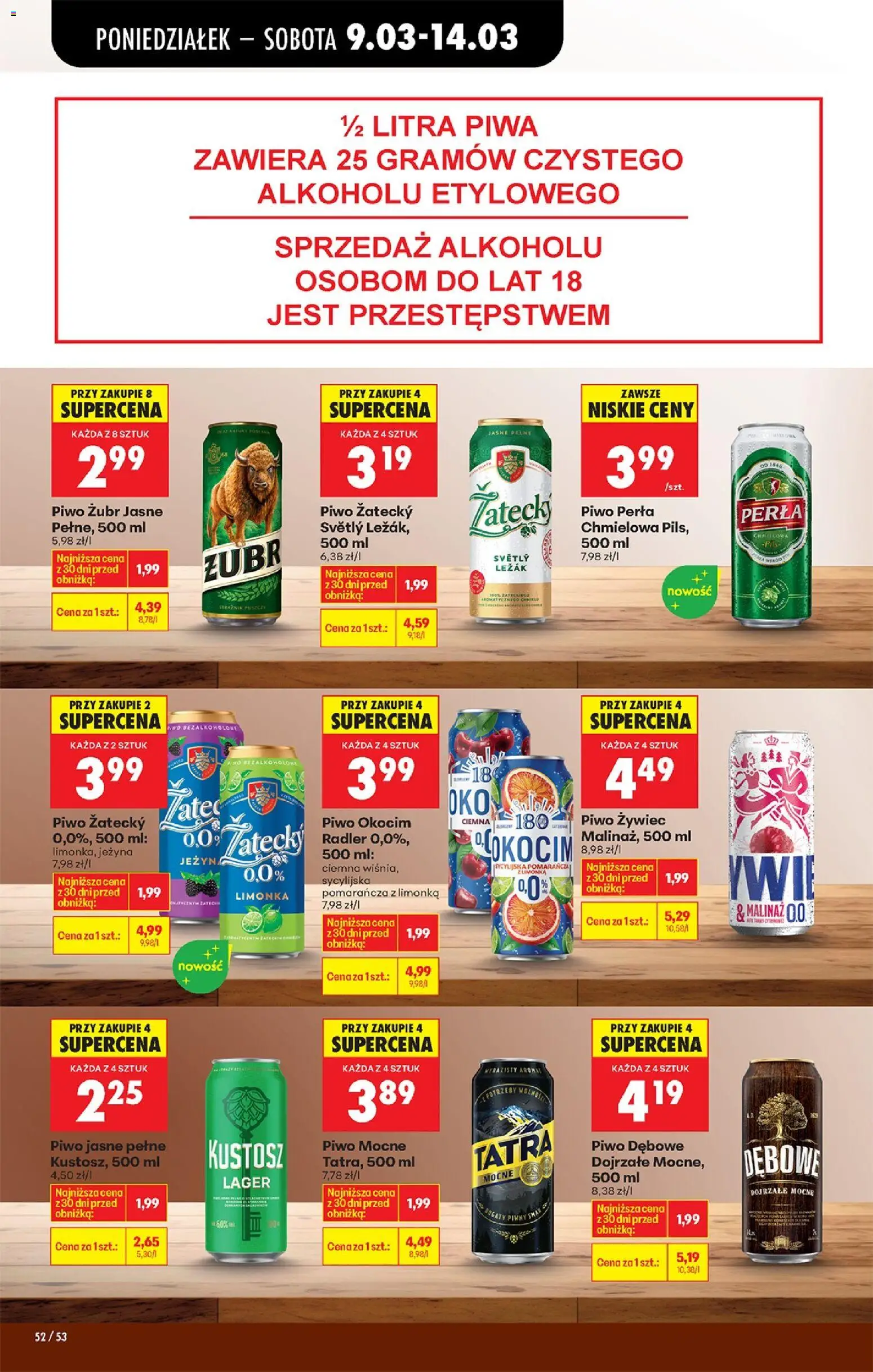 Biedronka gazetka od poniedziałku od 09.03.2026 | Strona: 62 | Produkty: Piwo żubr, Limonka, Leżak, Piwo perła