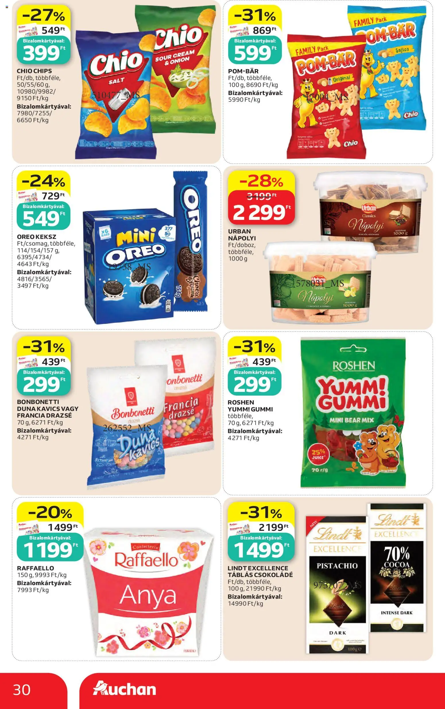 Auchan akciós ujság - amely érvényes a következő dátumtól: 30.04.2026 | Oldal: 30 | Termékek: Chips, Raffaello, Kavics, Nápolyi