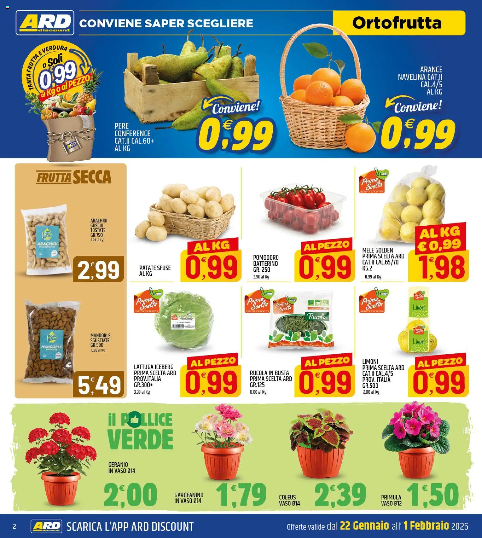 Volantino ARD Discount del 22.01.2026 | Pagina: 2 | Prodotti: Arance, Rucola, Mandorle, Vaso