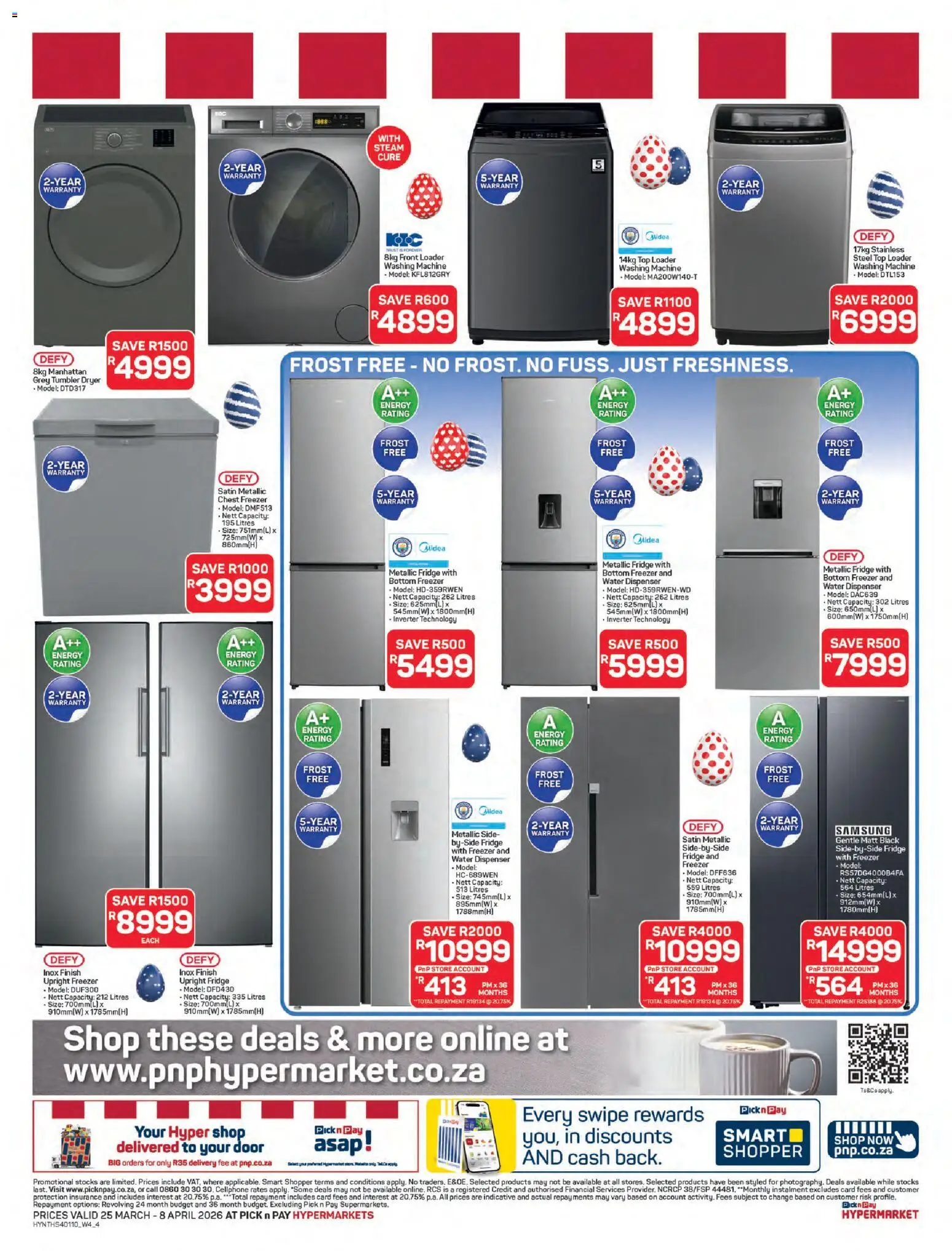 New Pick n Pay catalogue – valid from 25.03.2026 | Page: 4 | Products: Freezer, Dryer, Fridge, Water