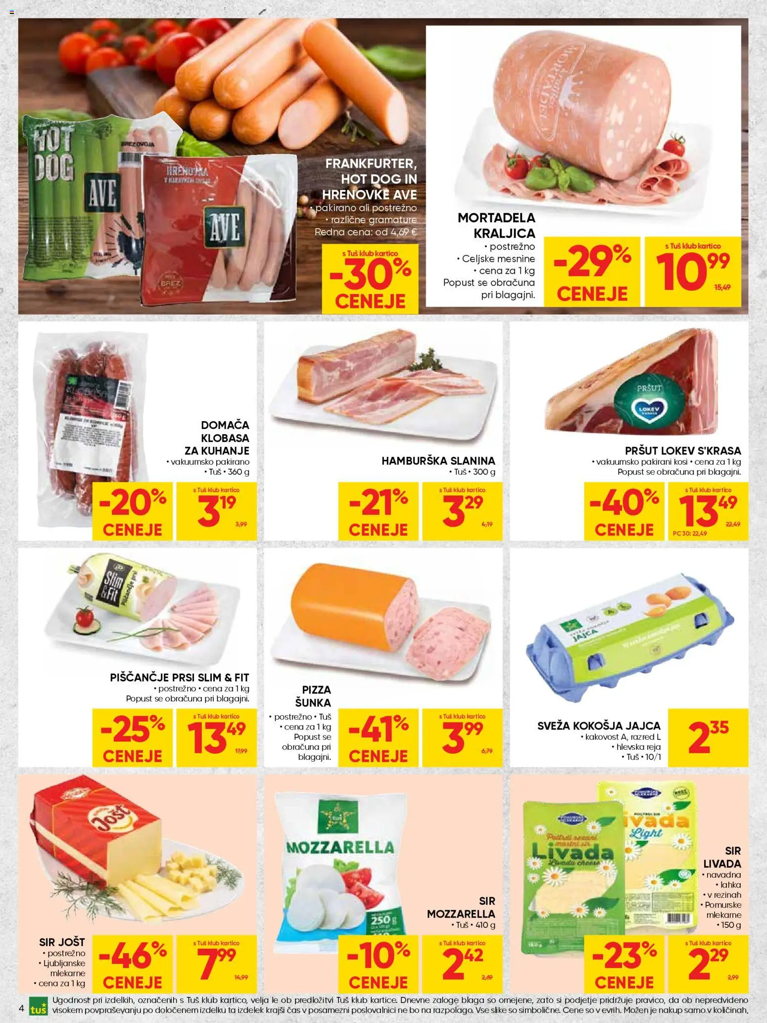 Novi Tuš katalog ponudbe – veljaven od 12.11.2025 | Stran: 4 | Izdelki: Hrenovke, Mortadela, Jajca, Sunka