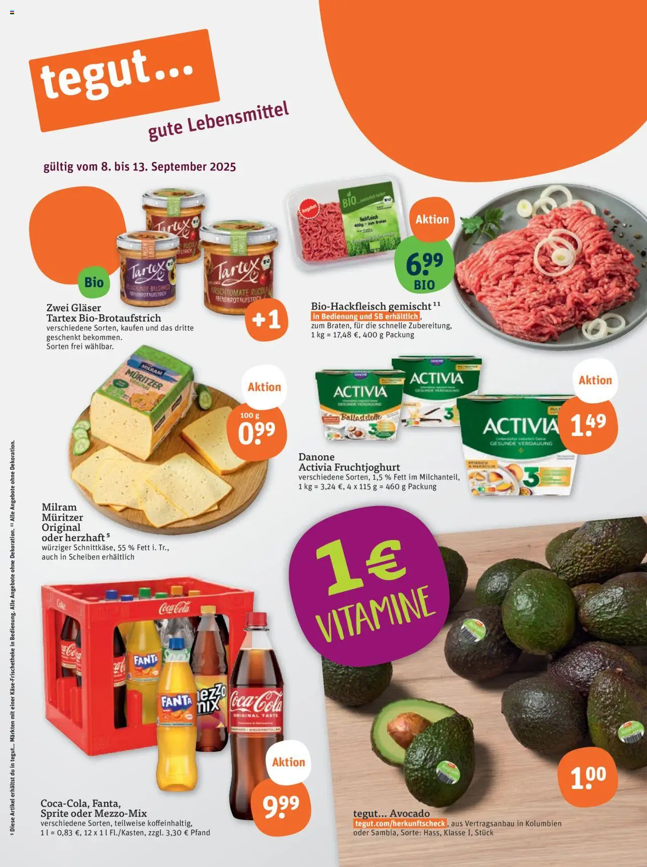 Tegut Prospekt – gültig ab 08.09.2025 | Seite: 3 | Produkte: Activia, Fanta, Danone activia, Avocado
