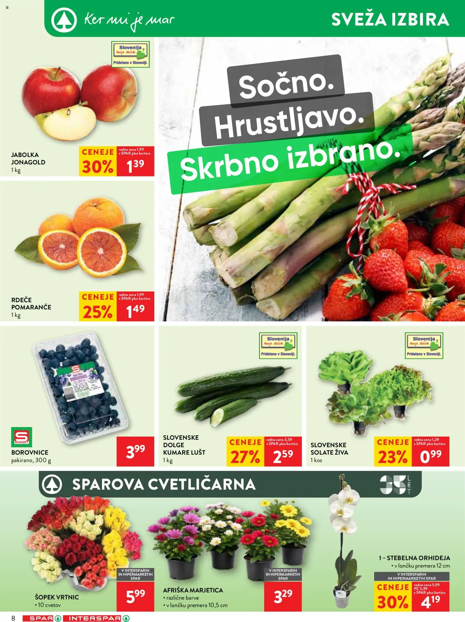Novi Spar katalog ponudbe – veljaven od 08.04.2026 | Stran: 8 | Izdelki: Šopek, Kos, Pomarance, Borovnice