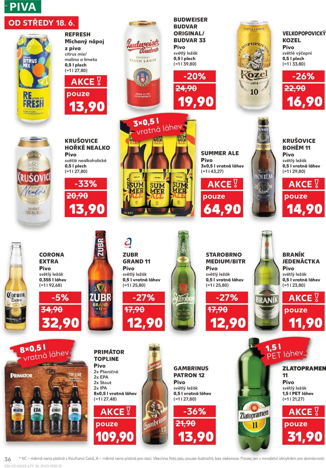 Kaufland leták od 18.06.2025 | Strana: 36 | Produkty: Starobrno, Velkopopovický Kozel, Nealkoholické pivo, Láhev
