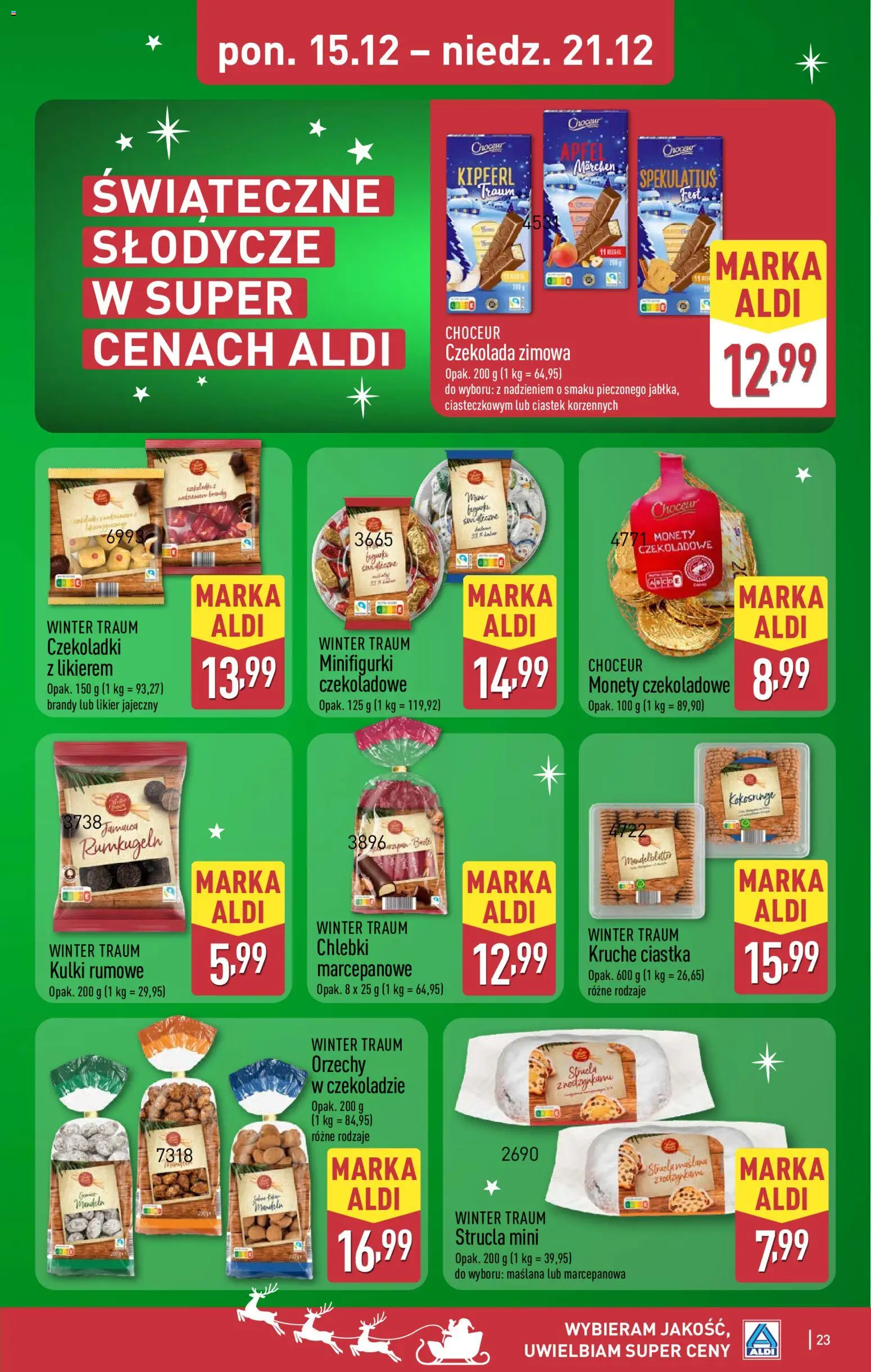 Aldi Gazetka od 15.12.2025 | Strona: 23 | Produkty: Czekoladki, Likier jajeczny, Czekoladowe monety, Ciastka
