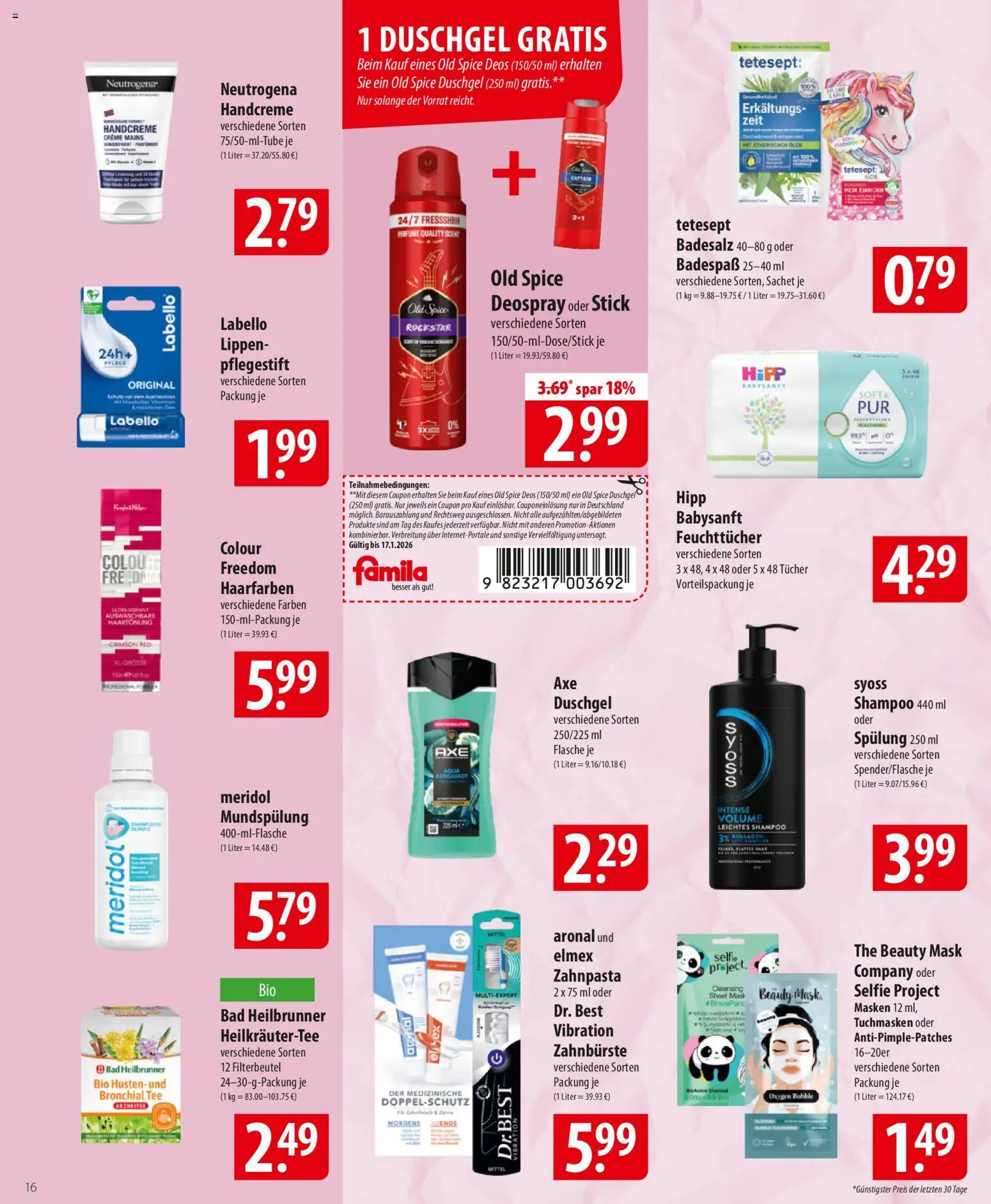 Famila Prospekt 	 – gültig ab 12.01.2026 | Seite: 16 | Produkte: Spülung, Creme, Zahnpasta, Tee