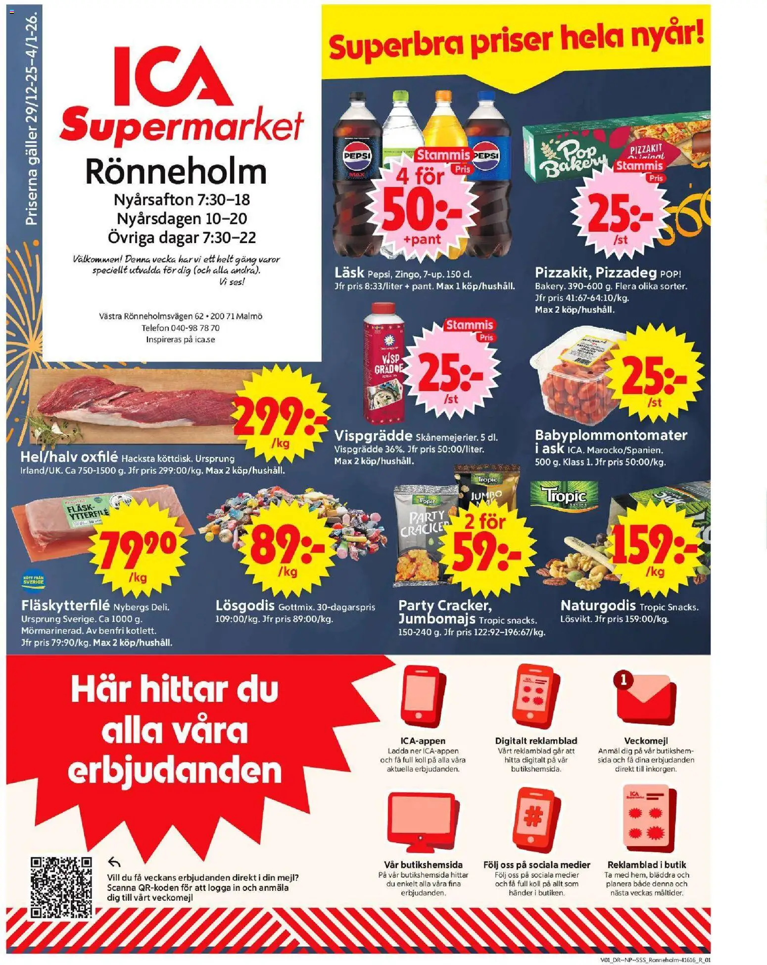 ICA Supermarket reklamblad aktuell från 30.12.2025 | Sida: 1 | Produkter: Fläskytterfilé, Pepsi, Oxfilé, Fläsk