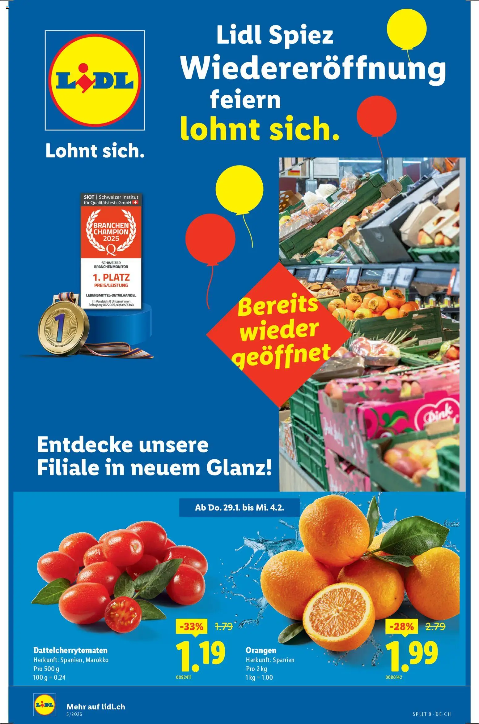 Lidl Aktionen Wiedereröffnung Spiez – gültig ab 29.01.2026 | Seite: 1 | Produkte: Orangen