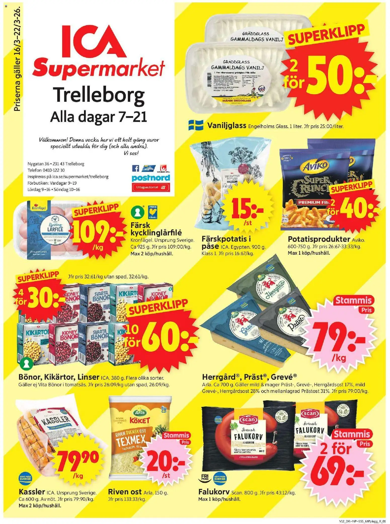 ICA Supermarket reklamblad aktuell från 16.03.2026 | Sida: 1 | Produkter: Linser, Falukorv, Potatis, Bönor