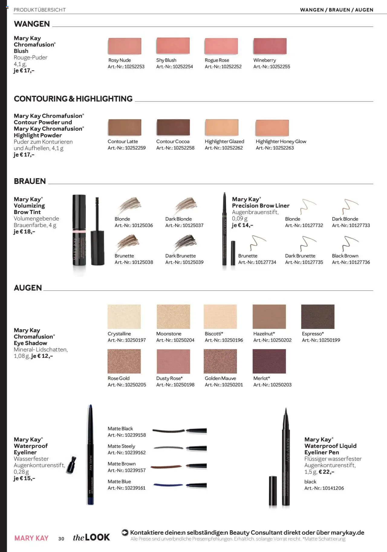 Mary Kay Katalog – gültig ab 15.10.2025 | Seite: 30 | Produkte: Puder, Eyeliner, Highlighter, Blush