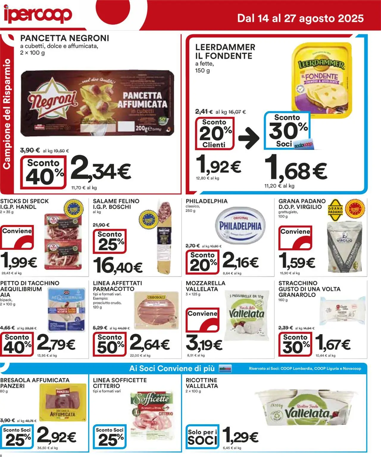 Volantino Ipercoop del 14.08.2025 | Pagina: 8 | Prodotti: Speck, Tacchino, Mozzarella, Prosciutto