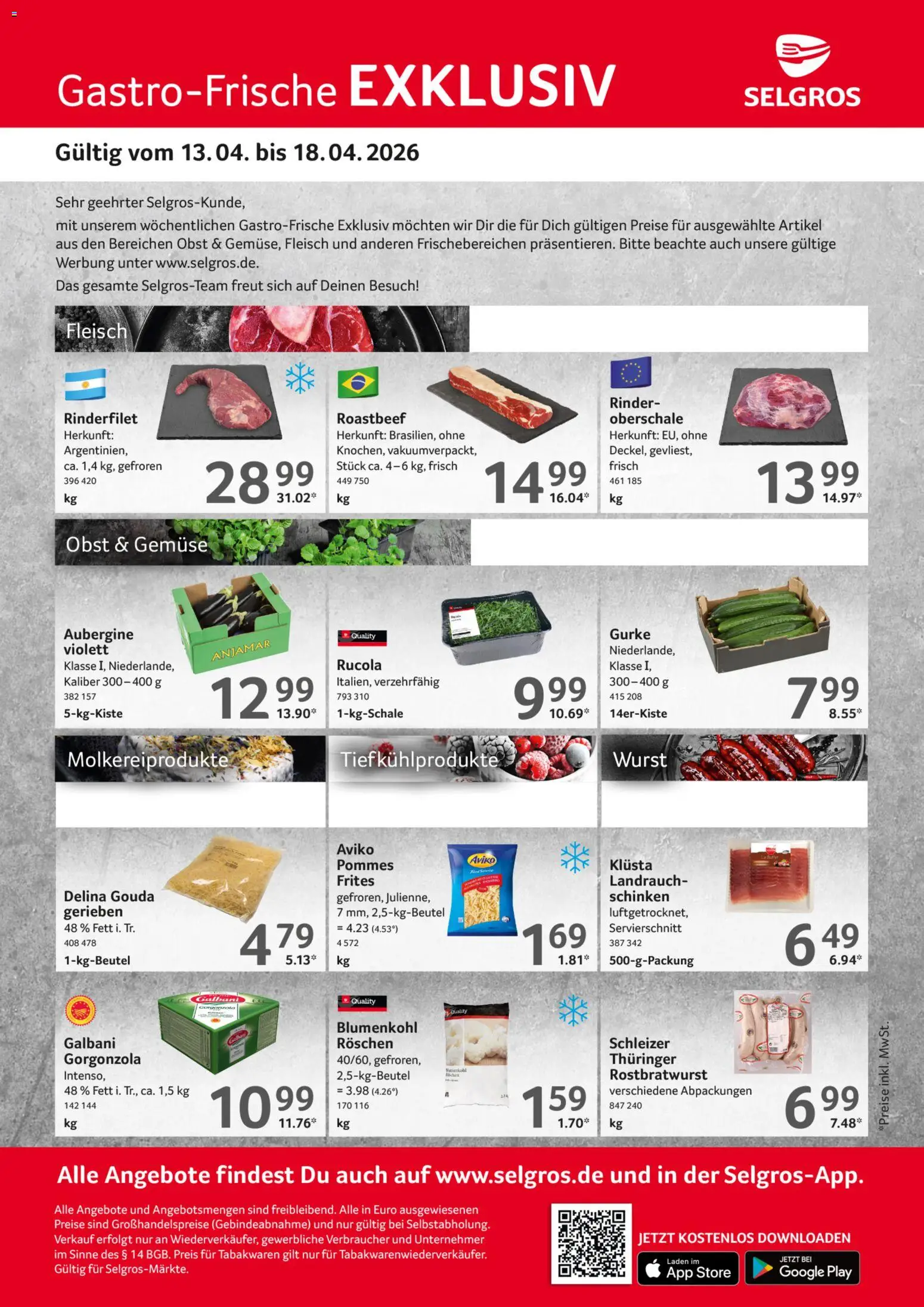 Selgros Gastro Angebote – gültig ab 13.04.2026 | Seite: 1 | Produkte: Rinderfilet, Roastbeef, Gemüse, Fleisch