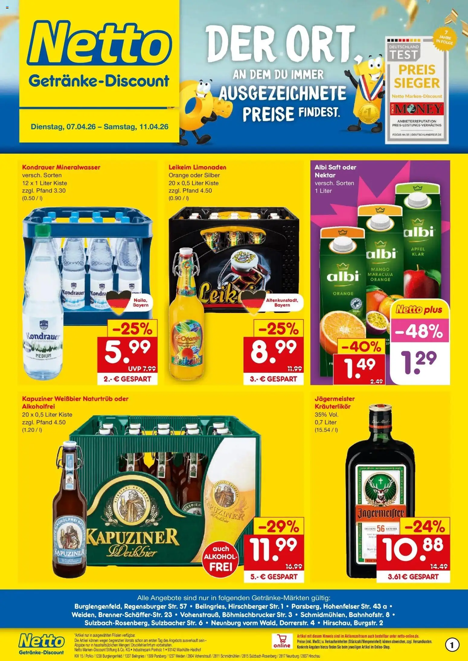 Netto Marken-Discount Prospekt Burglengenfeld	 – gültig ab 07.04.2026 | Seite: 1 | Produkte: Weißbier, Äpfel, Mineralwasser, Mango