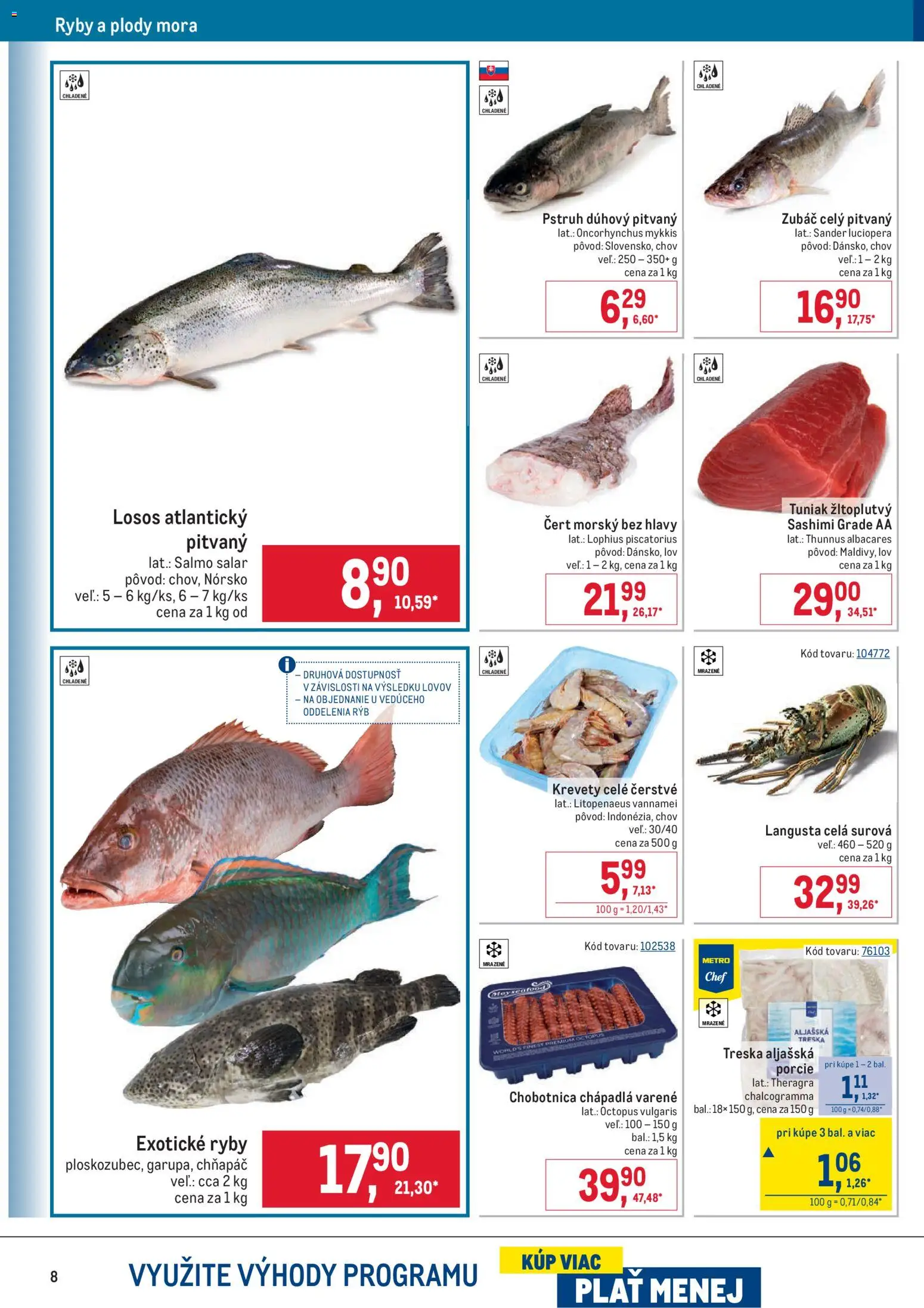 Nové Metro akcie – leták je platný od 10.12.2025 | Strana: 8 | Produkty: Tuniak, Krevety, Pstruh, Treska