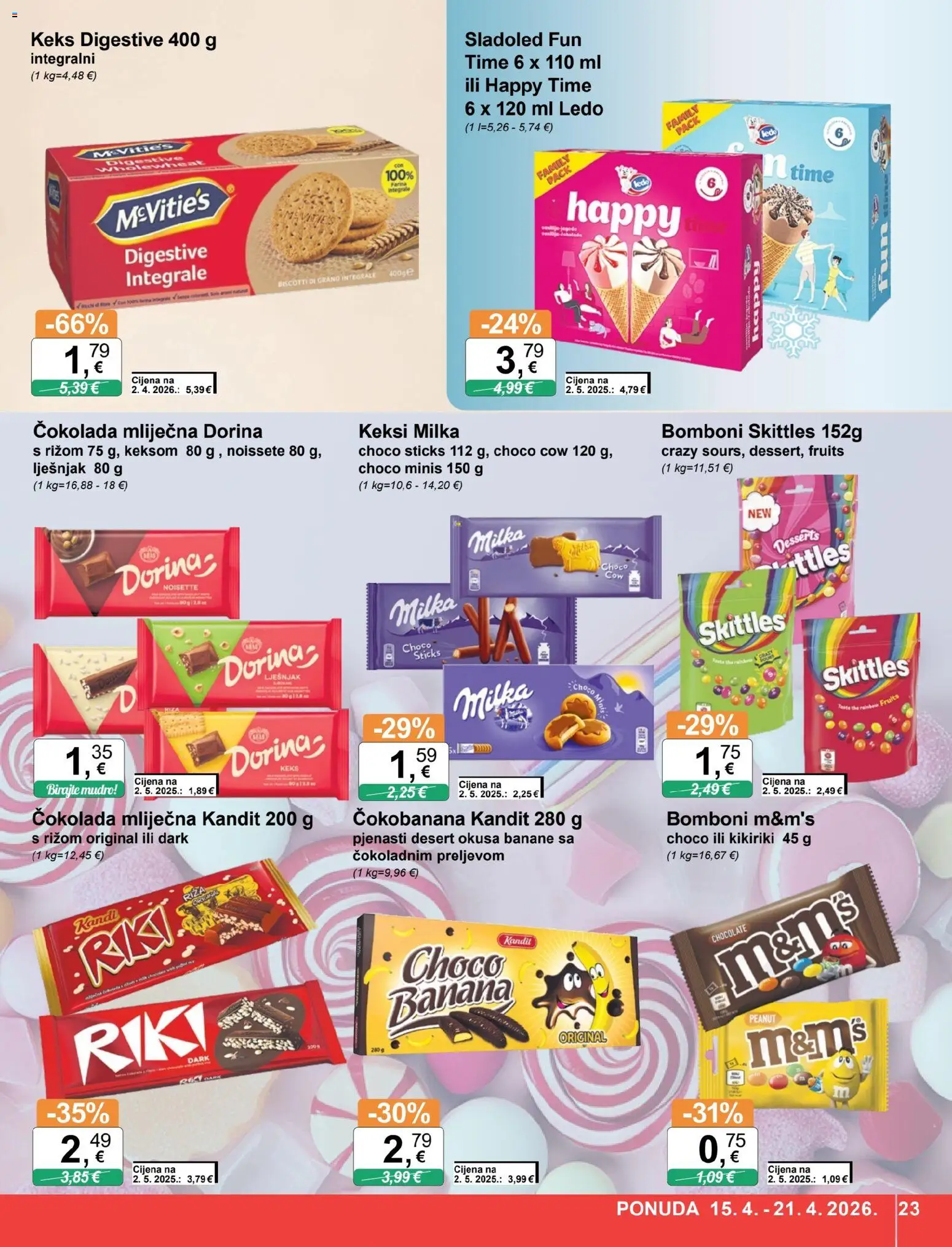 KTC katalog | vrijedi od 15.04.2026 | Stranica: 23 | Proizvodi: Banane, Ledo, Keks, Kikiriki