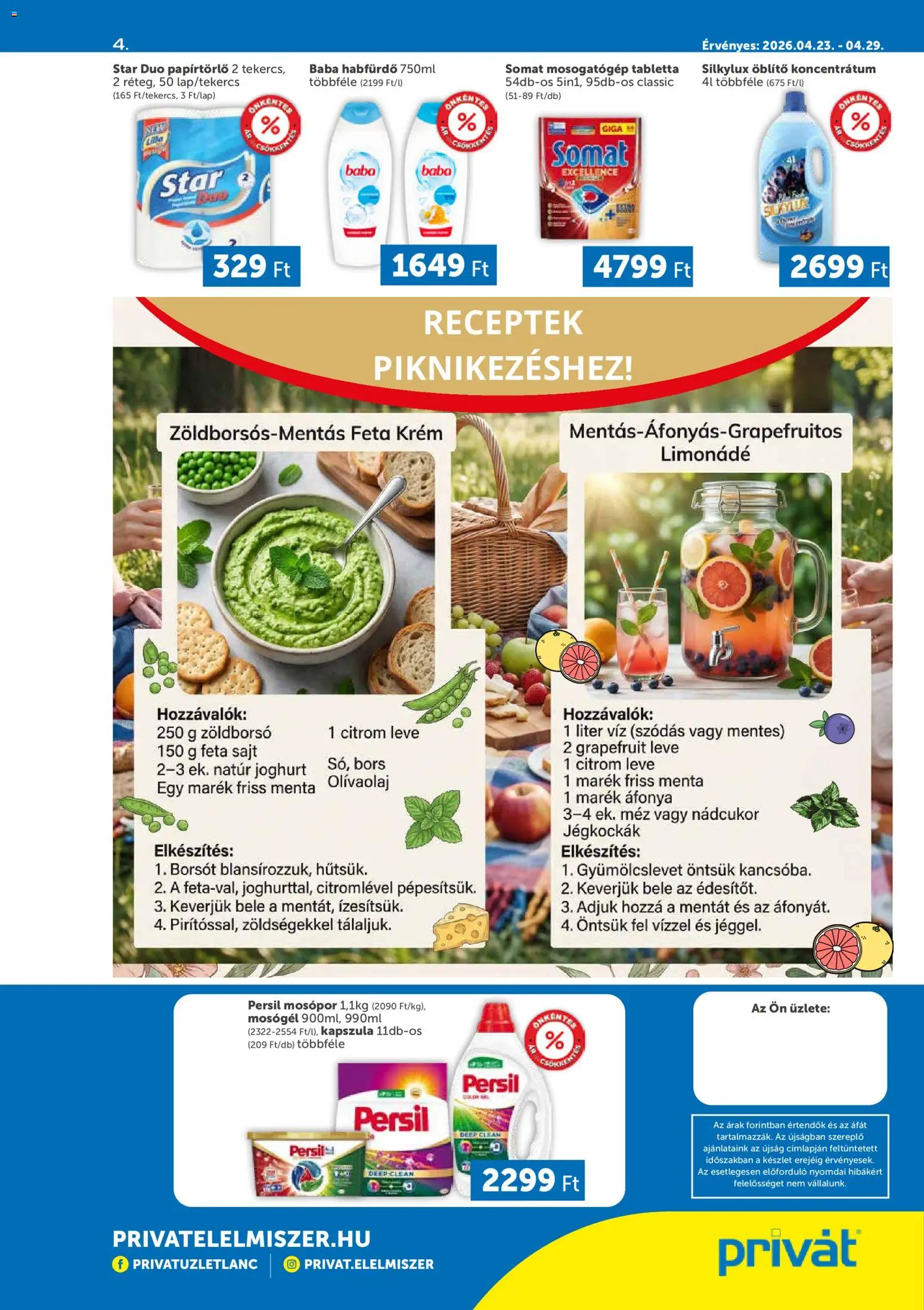 PRIVÁT akciós ujság - amely érvényes a következő dátumtól: 23.04.2026 | Oldal: 4 | Termékek: Nádcukor, Habfürdő, Sajt, Mosogatógép tabletta