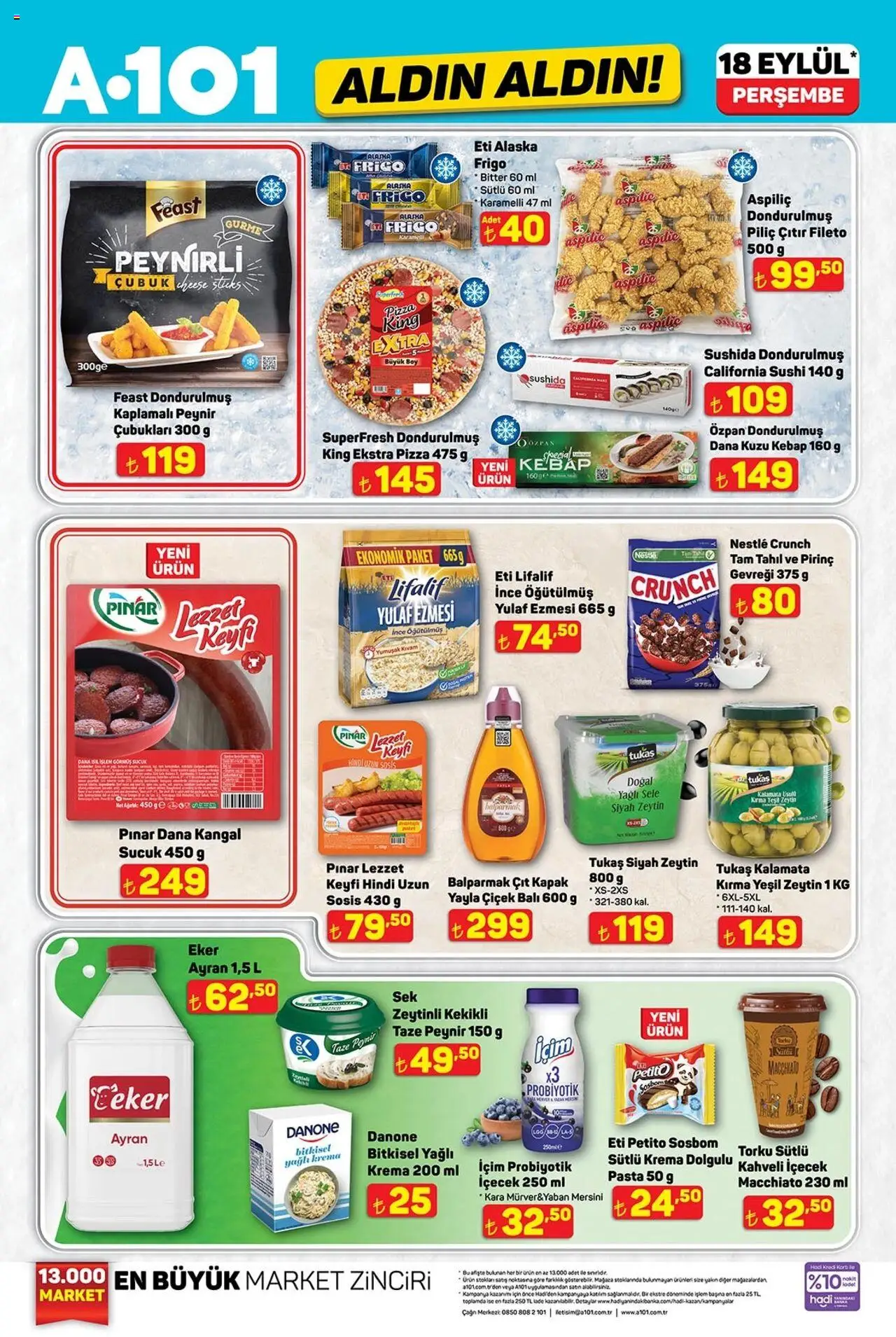 A101 Katalog Aldın Aldın - 18.09.2025 tarihinden itibaren geçerlidir | Sayfa: 1 | Ürünler: Pizza, Yulaf, Piliç, Sucuk