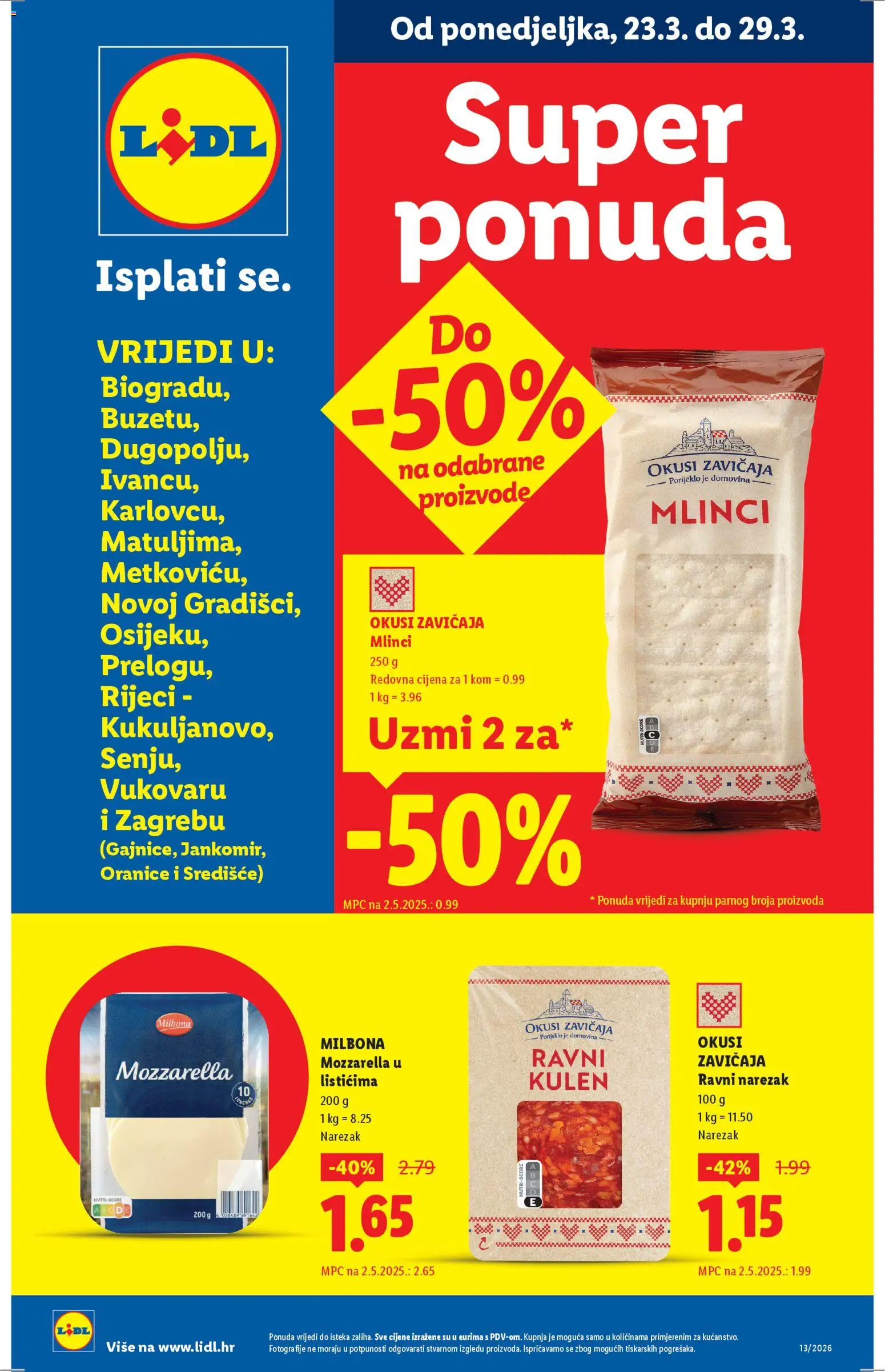Lidl katalog | vrijedi od 23.03.2026 | Stranica: 1 | Proizvodi: Mozzarella, Mlinci, Narezak, Kulen