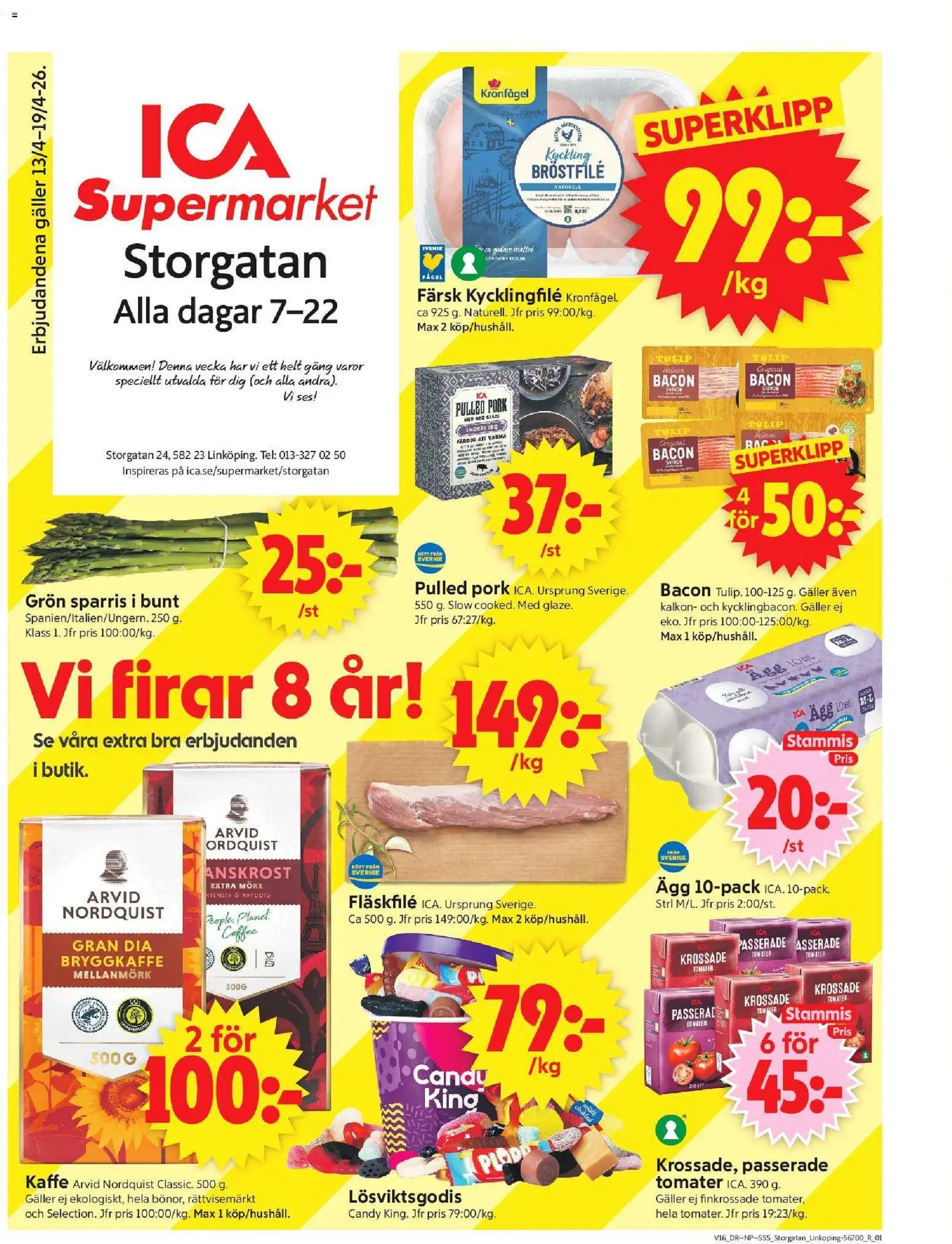 ICA Supermarket reklamblad aktuell från 13.04.2026 | Sida: 1 | Produkter: Bacon, Krossade tomater, Kycklingfile, Ägg