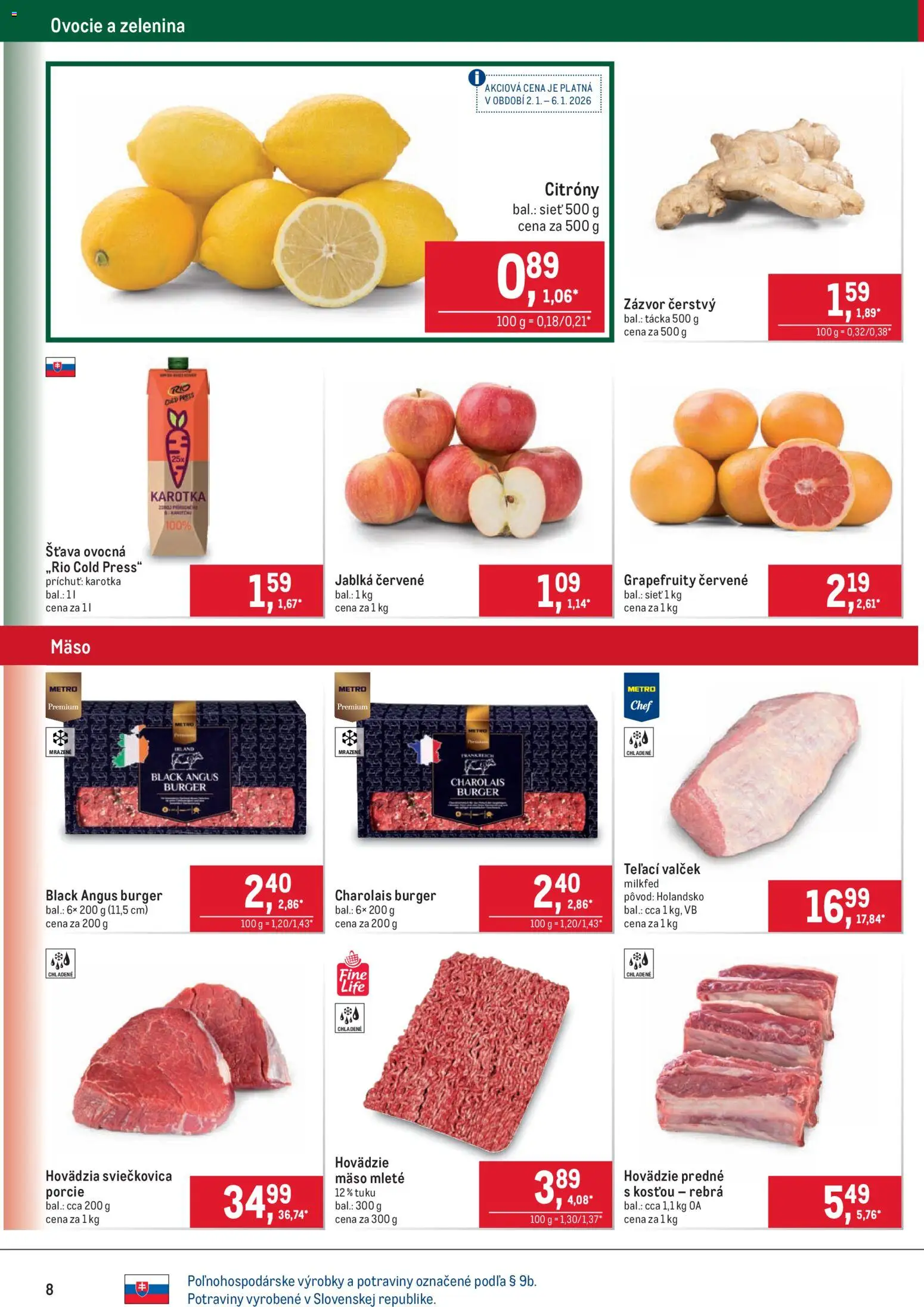 Nové Metro akcie – leták je platný od 02.01.2026 | Strana: 8 | Produkty: Zázvor, Jablká, Citróny, Ovocie