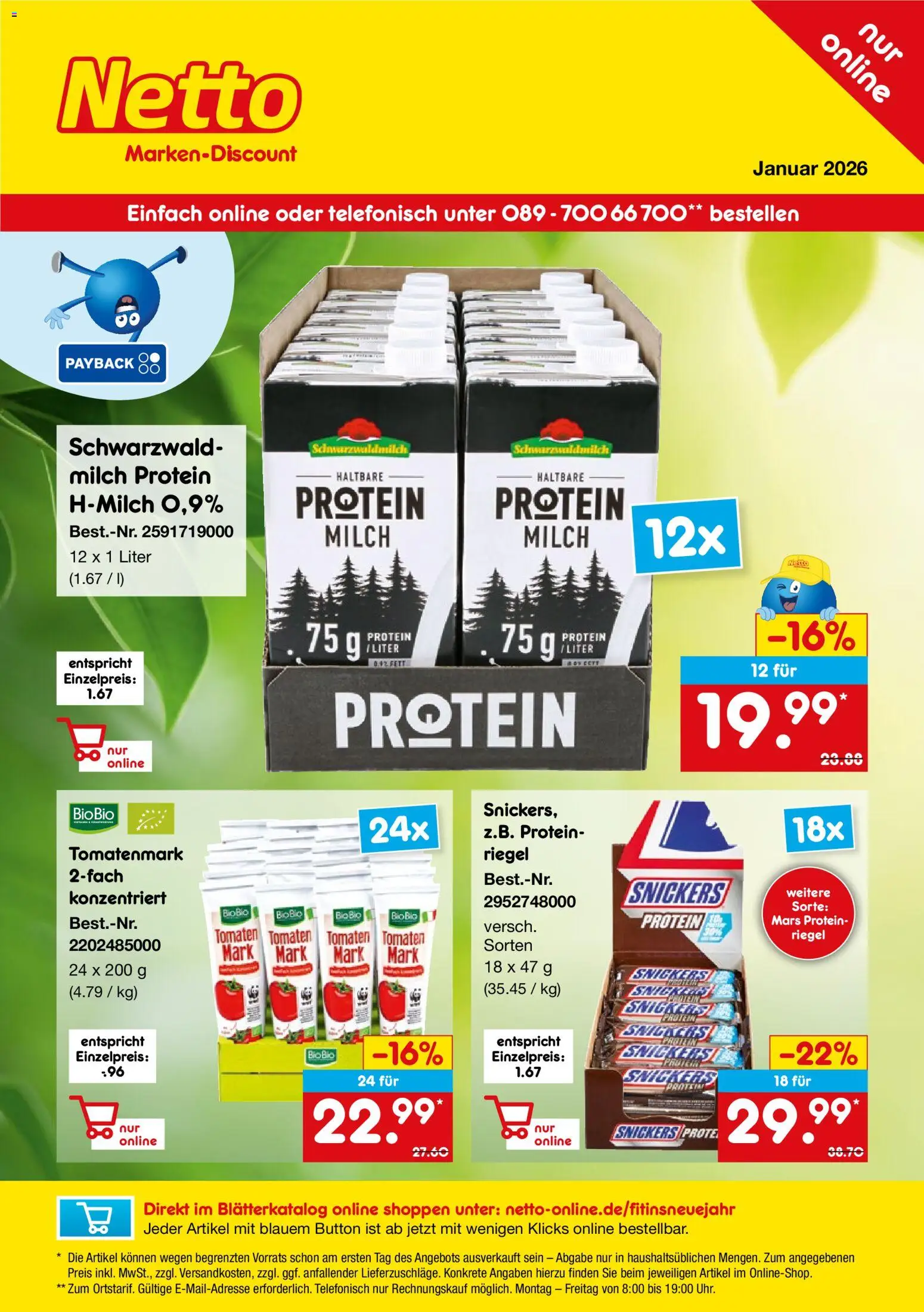 Netto Marken-Discount Online-Sonderangebote – gültig ab 01.01.2026 | Seite: 1 | Produkte: Milch, Tomaten, Snickers, Mars