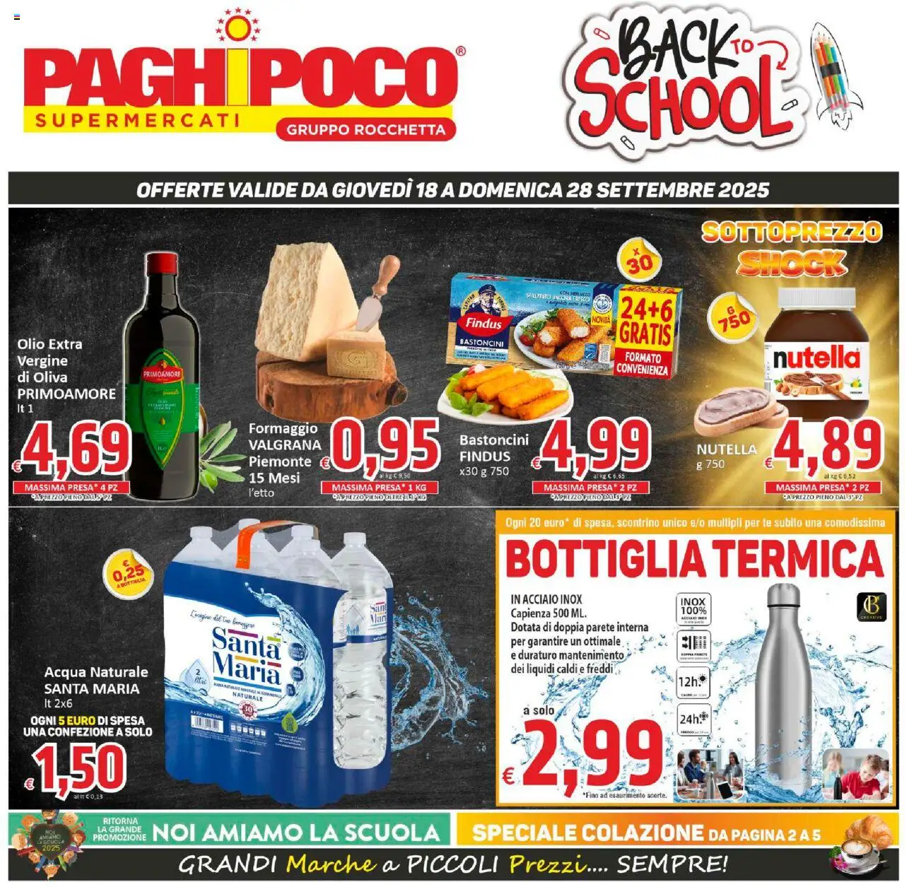 Volantino Paghi Poco del 18.09.2025 | Pagina: 1 | Prodotti: Acqua, Formaggio, Olio, Bottiglia