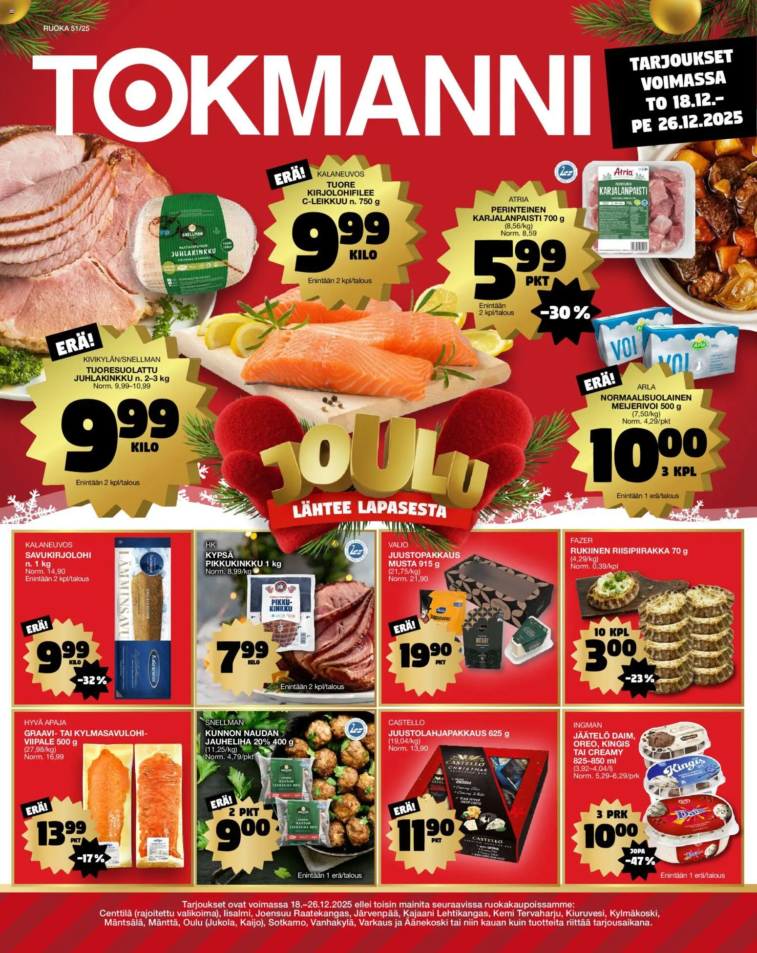 Tokmanni Ruokatarjoukset – voimassa 18.12.2025 alkaen | Sivu: 1 | Tuotteet: Jauheliha, Cheddar, Kinkku, Jäätelö