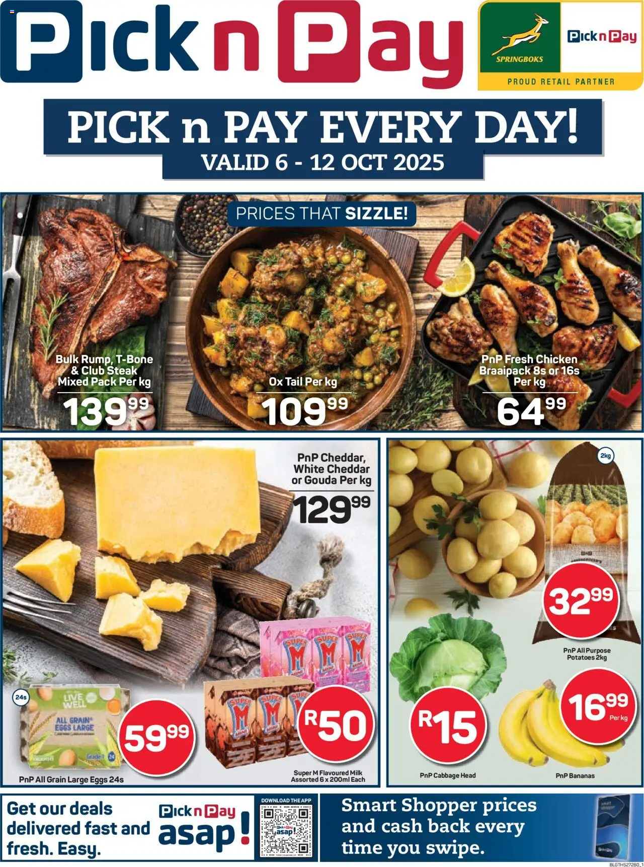 New Pick n Pay catalogue – valid from 06.10.2025 | Page: 1 | Products: Steak, Eggs, Chicken, Bananas