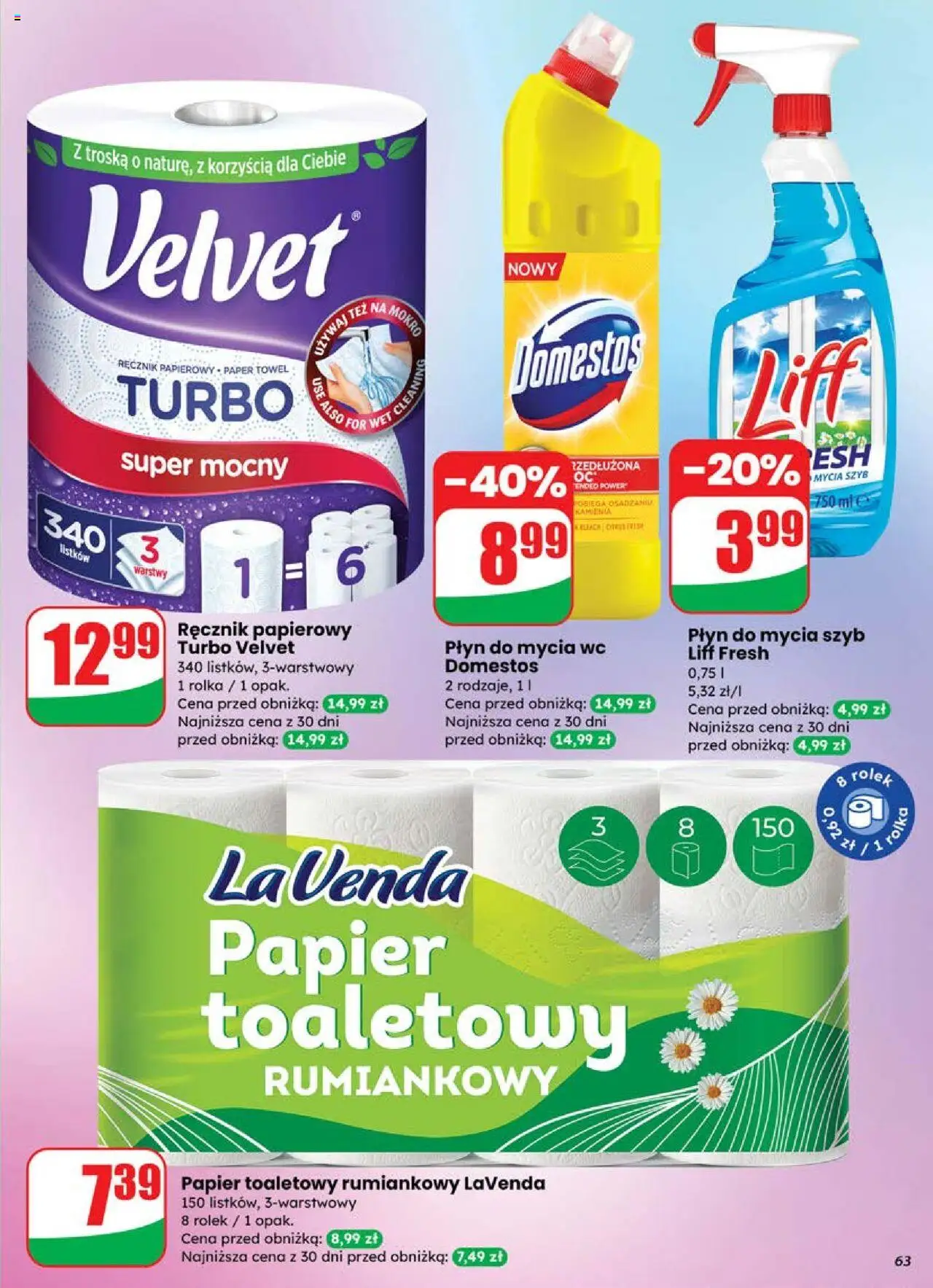 Dino Gazetka od 25.06.2025 | Strona: 63 | Produkty: Papier toaletowy, Cleaner, Domestos, Ręcznik papierowy