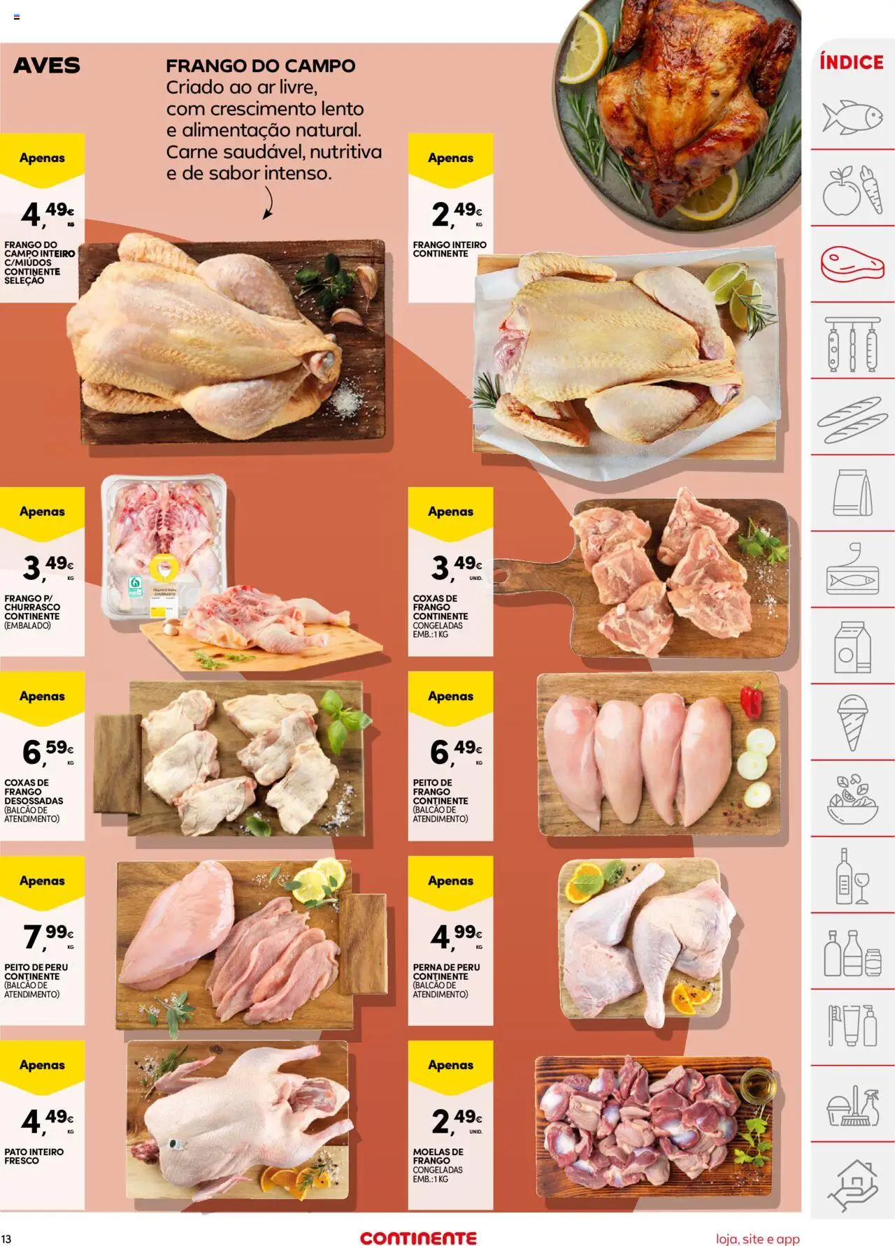 Continente folheto │ válido de 12.08.2025 | Página: 13 | Produtos: Peito de frango, Peito de peru, Carne, Moelas