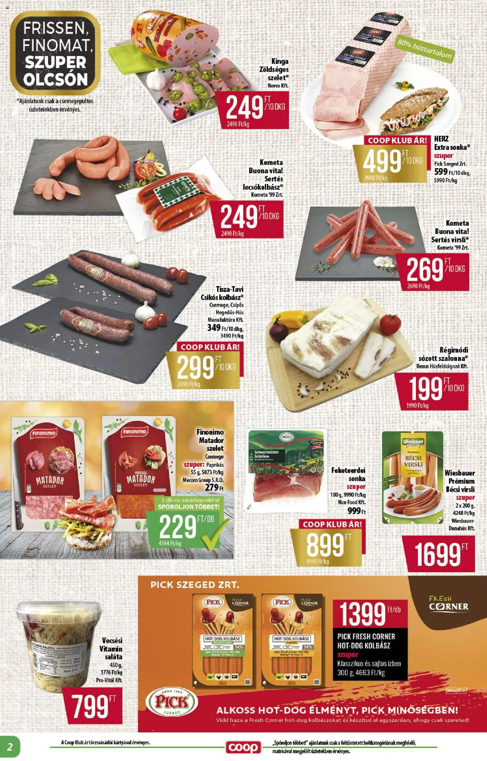 COOP akciós ujság - amely érvényes a következő dátumtól: 20.11.2025 | Oldal: 2 | Termékek: Virsli, Pick, Sonka, Saláta