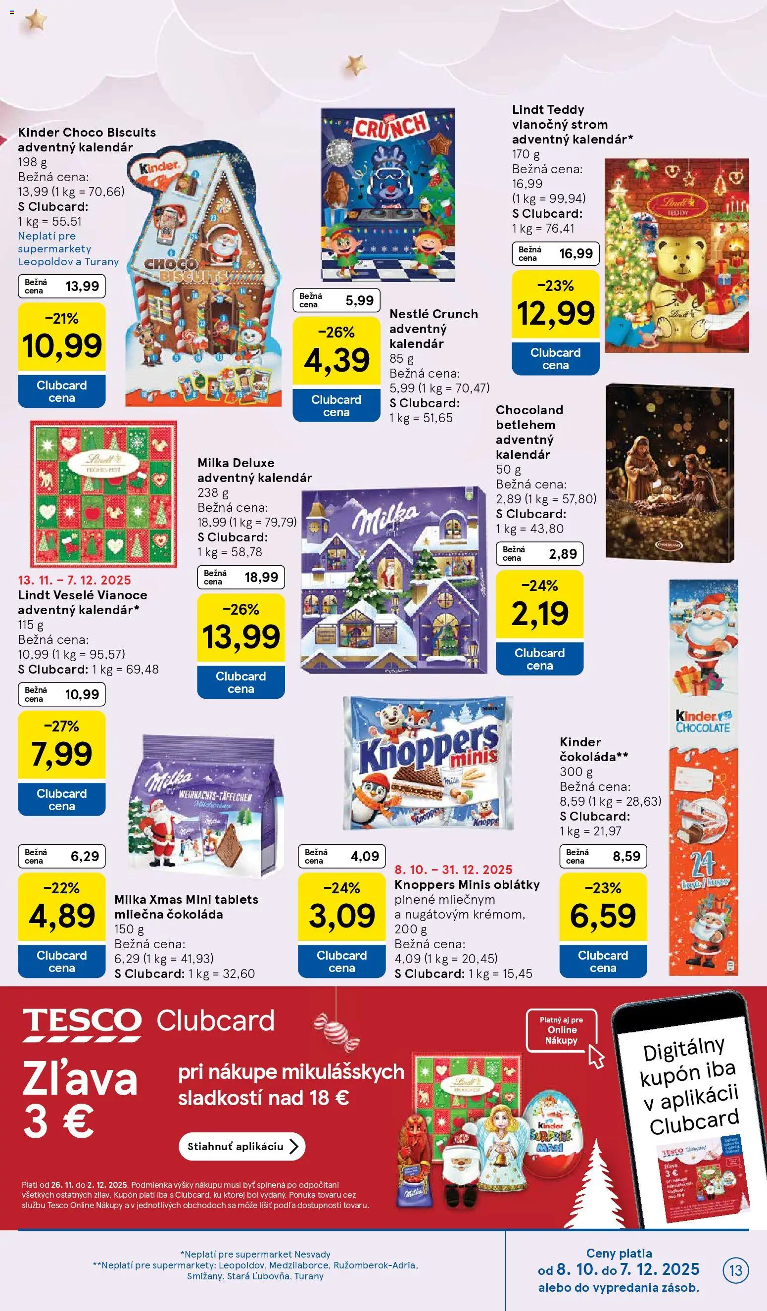 Nové Tesco akcie – leták je platný od 26.11.2025 | Strana: 13 | Produkty: Lindt, Kinder, Čokoláda, Milka