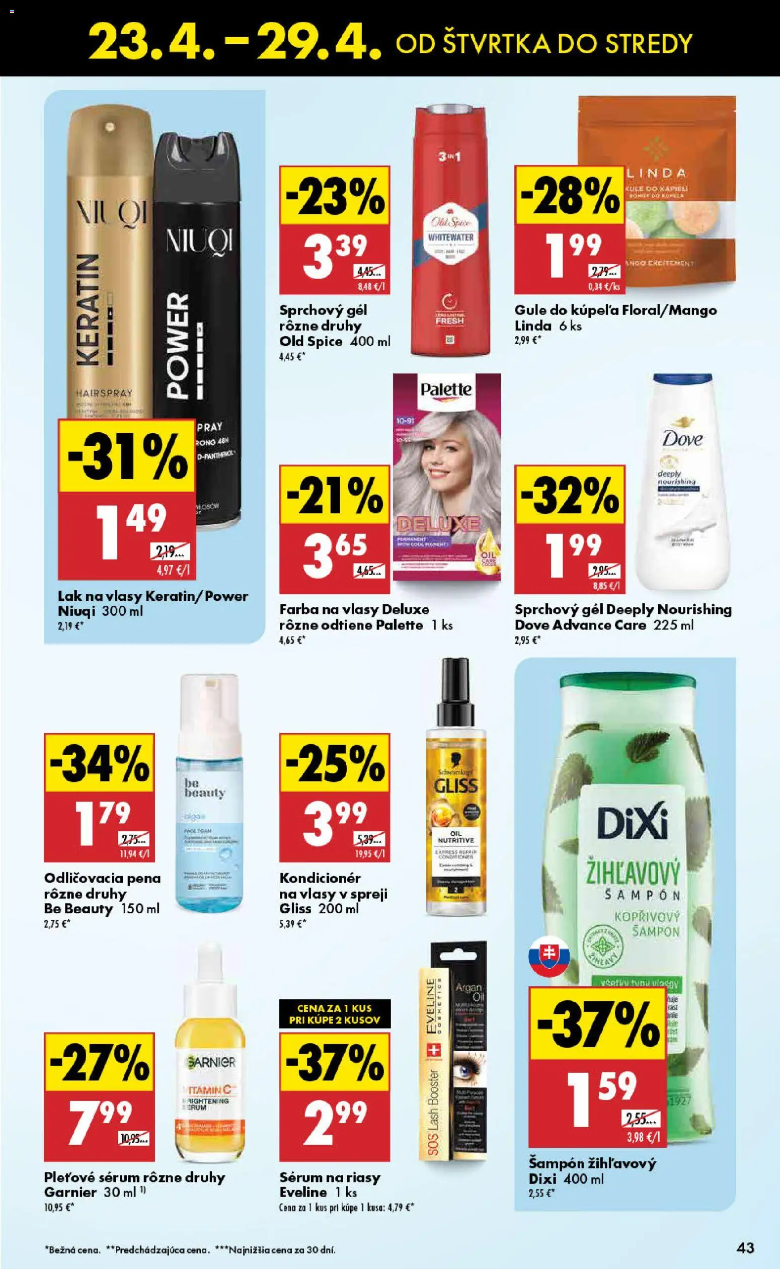 Nové Biedronka akcie – leták je platný od 23.04.2026 | Strana: 43 | Produkty: Šampón, Kondicionér, Lak na vlasy, Farba na vlasy