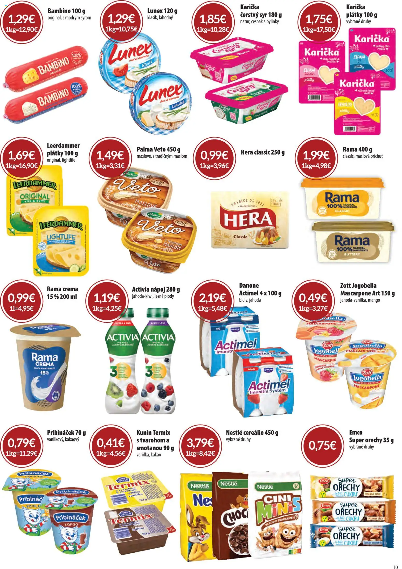 Nové CBA Komfos akcie – leták je platný od 01.04.2026 | Strana: 10 | Produkty: Eidam, Cereálie, Actimel, Hera