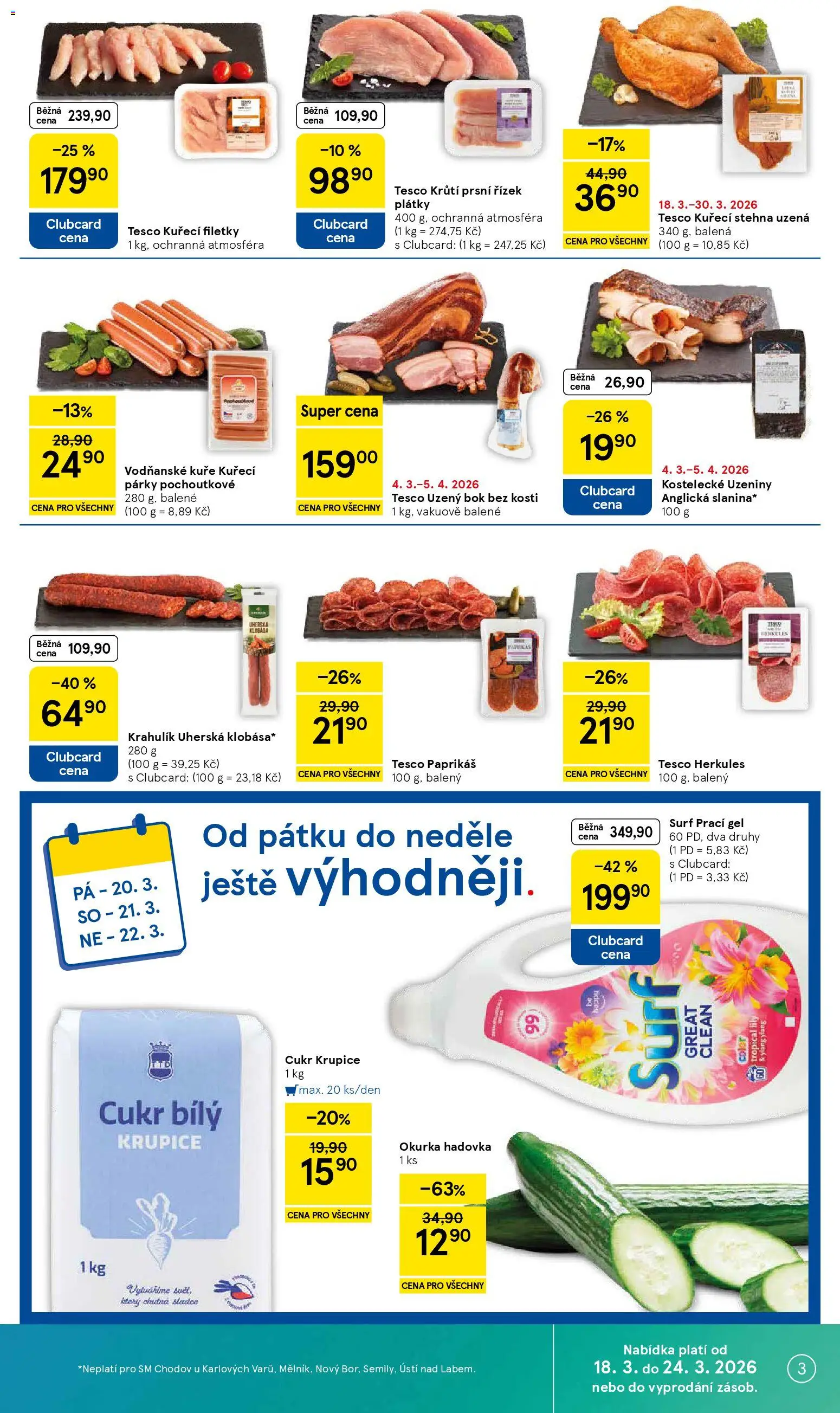 Tesco leták - Supermarket od 18.03.2026 | Strana: 3 | Produkty: Uzeniny, Paprika, Surf, Kuřecí stehna